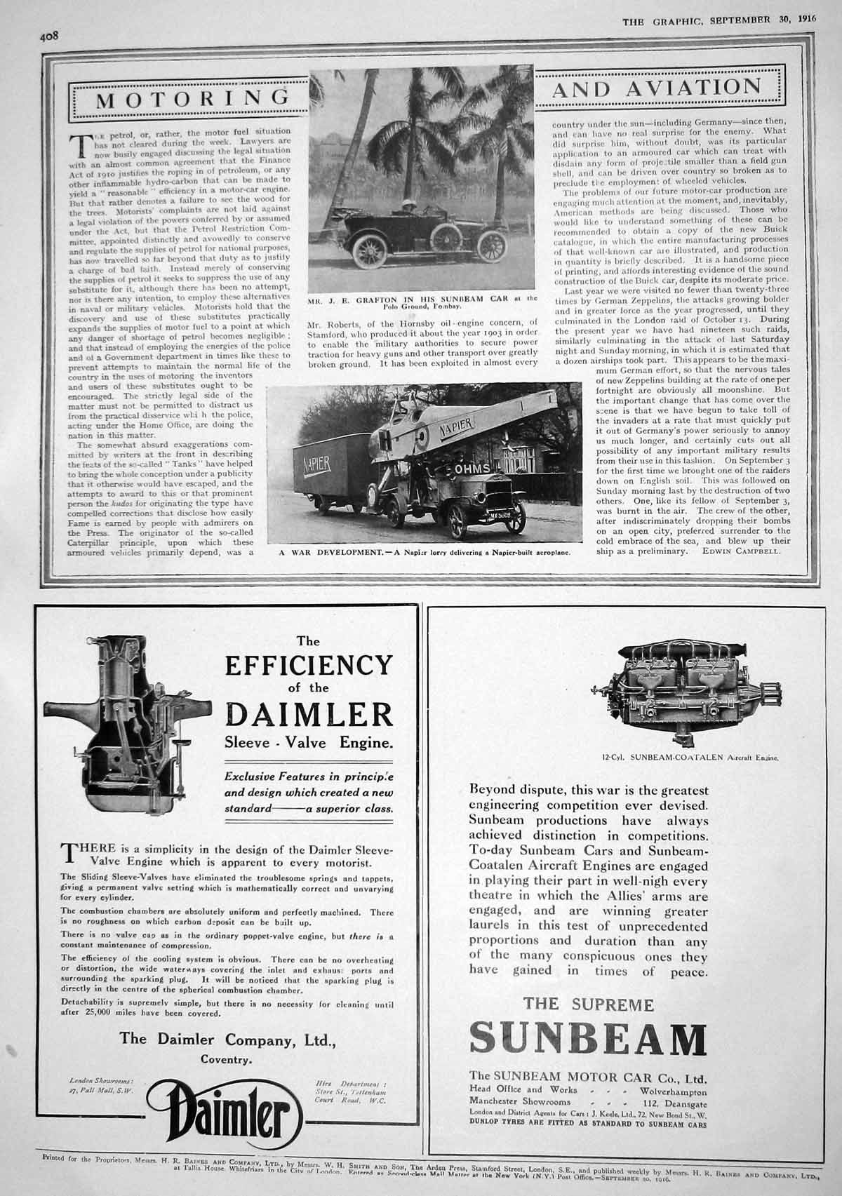 Old 1916 Grafton Sunbeam Motor Car Napier Lorry Debenham Tatcho Hair 20th