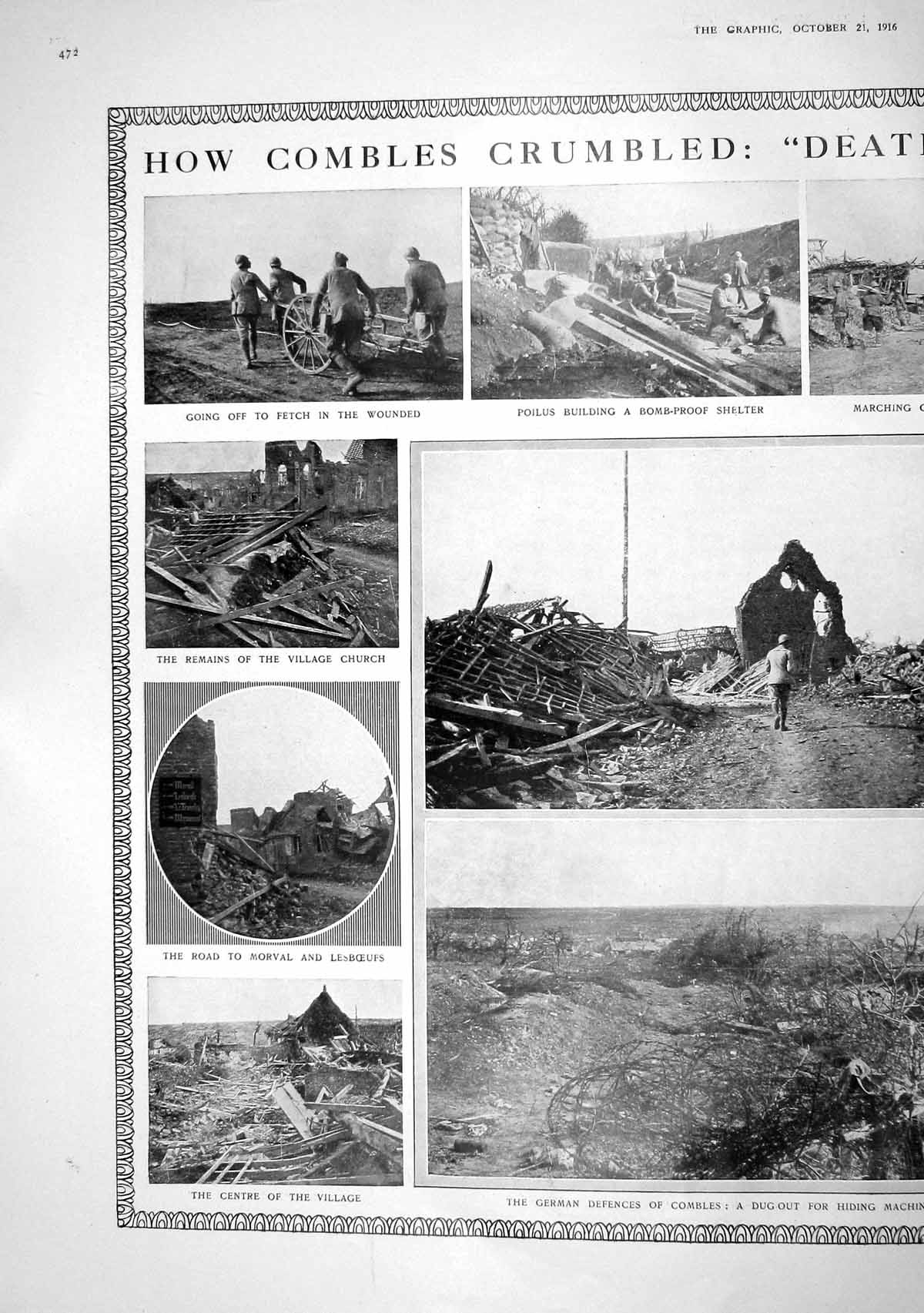 Old Print 1916 War Siers Village Church Combles Poilus Bomb Shelter Engl 20th