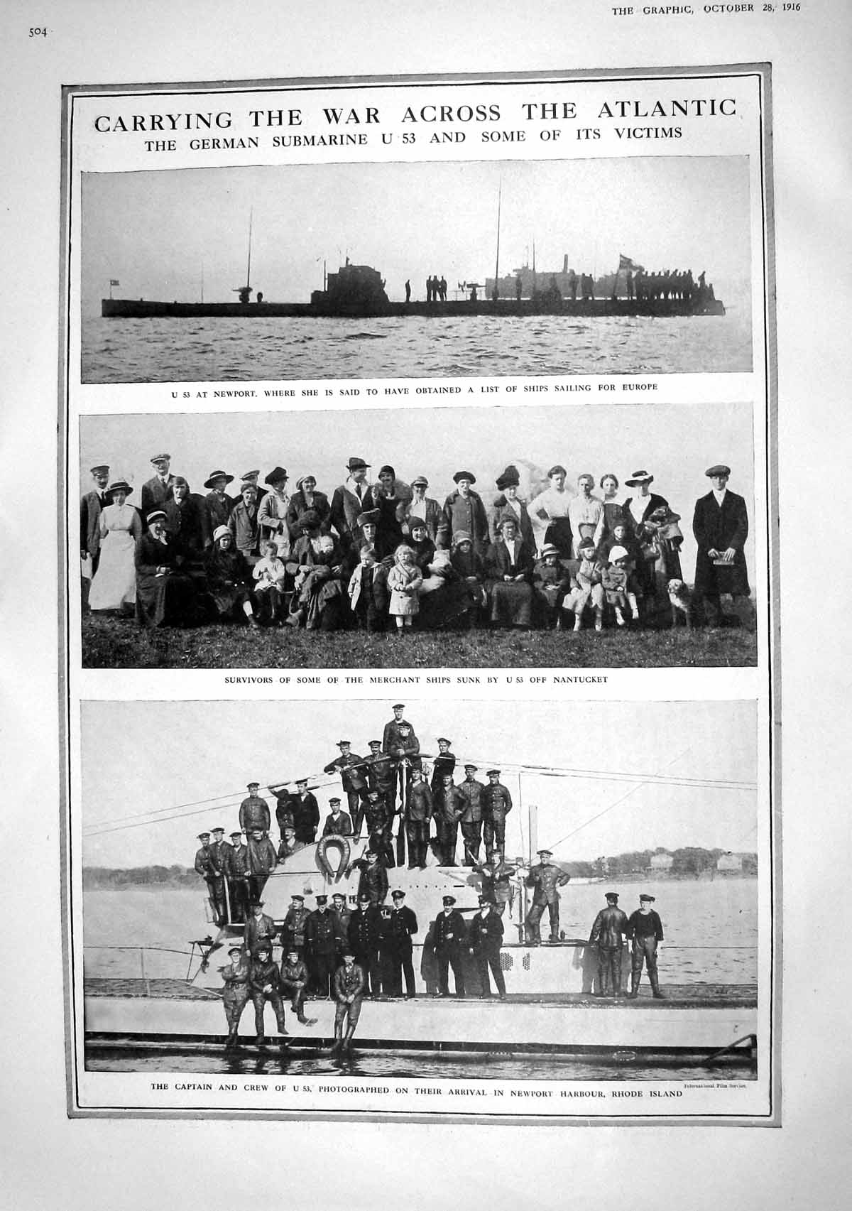 Print 1916 German Submarine U 53 Newport Nantucket Survivors Constanza Black S