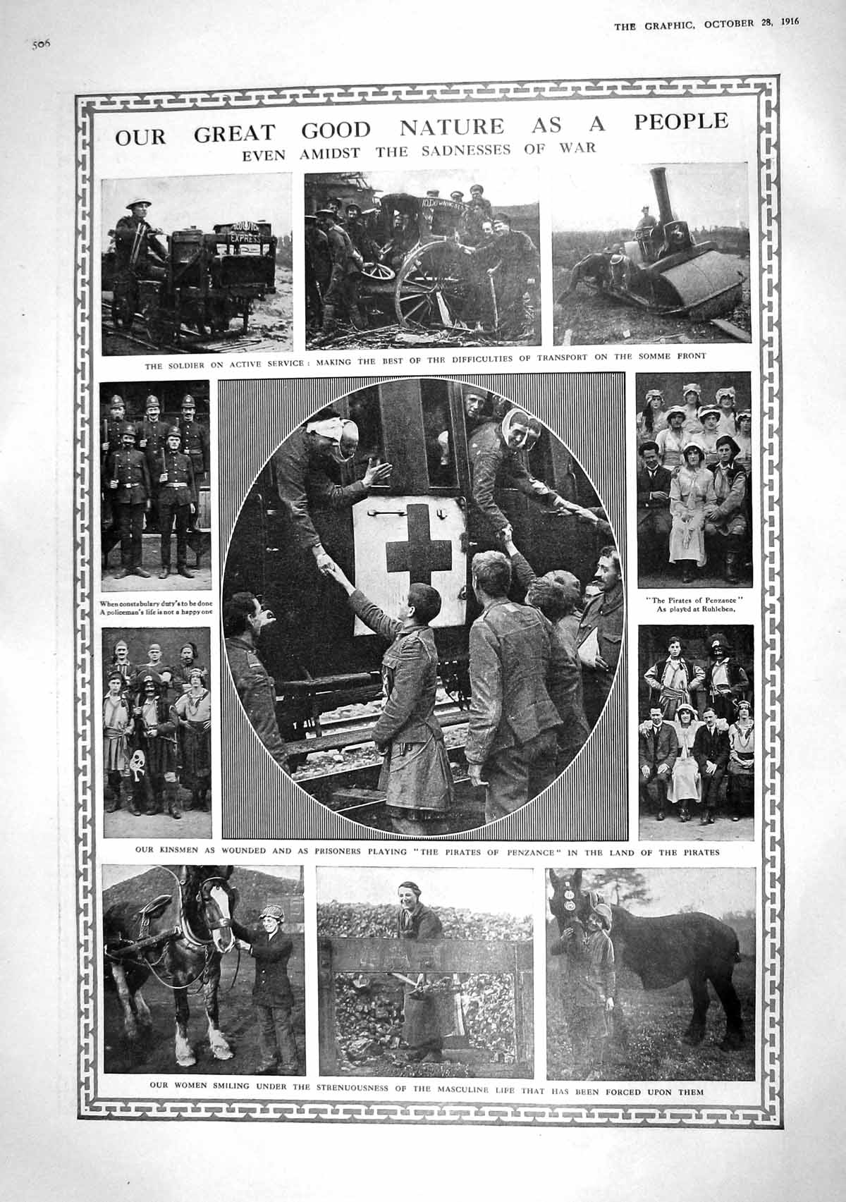 Old Print 1916 War Siers Somme Nurses Policemen Women Workers Map Rouman 20th