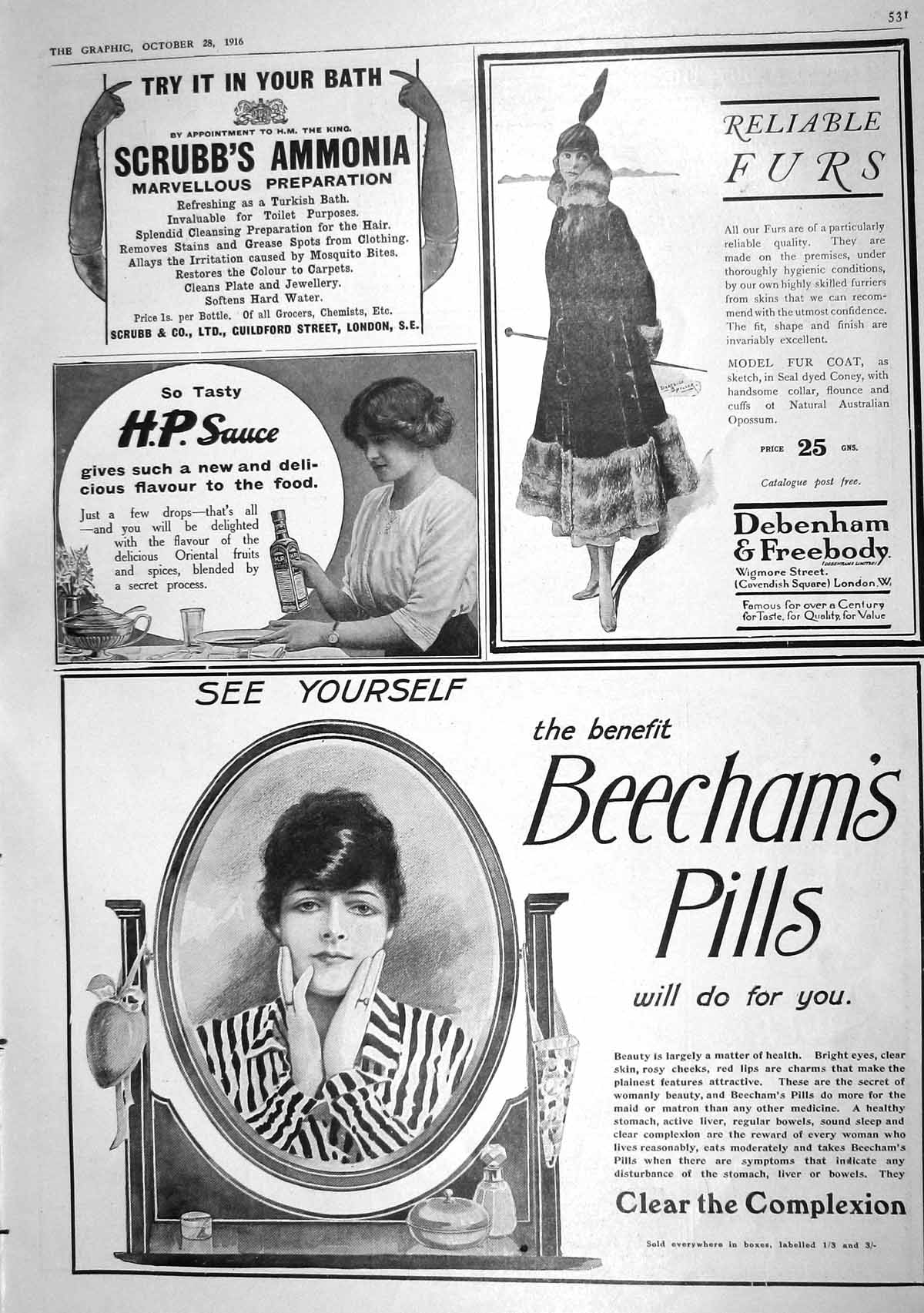 Old 1916 Beechams Pills Debenham Freebody H.P. Sauce Scrubbs Ammonia 20th