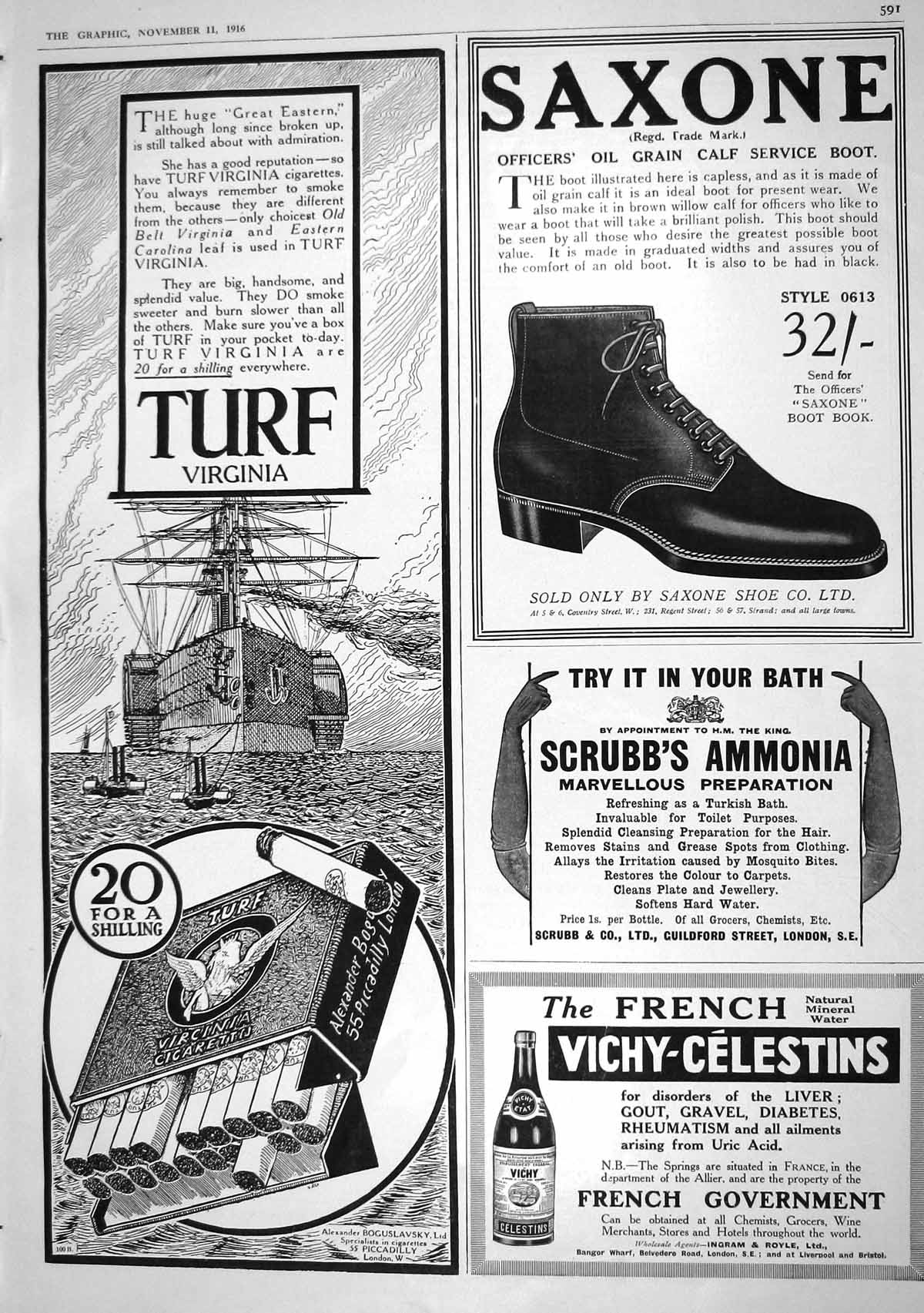 Old 1916 Turf Virginia Cigarettes Saxone Shoe Scrubbs Ammonia Mineral 20th