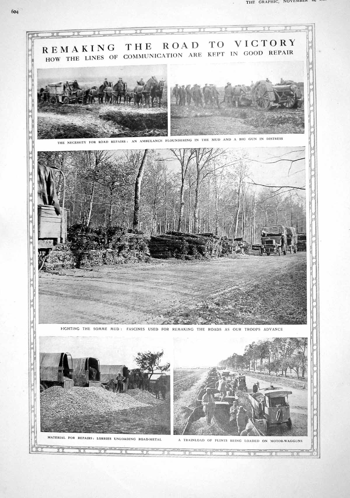 Old Print 1916 War Ambulance Lorries Unloading Road-Metal Siers Map Fric 20th