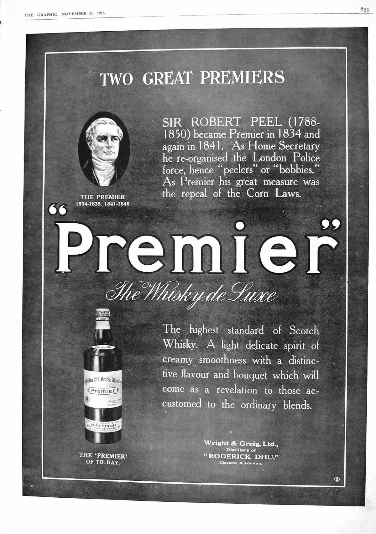 Old Antique Print 1916 Premier Scotch Whisky Robert Peel Munition Workers 20th