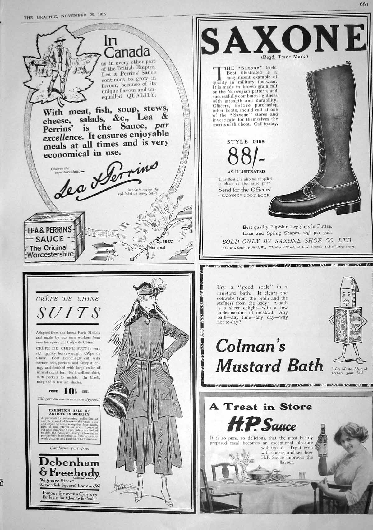 Old Print 1916 Lea Perrins Saxone Debenham Freebody Colman'S Mustard Bath 20th