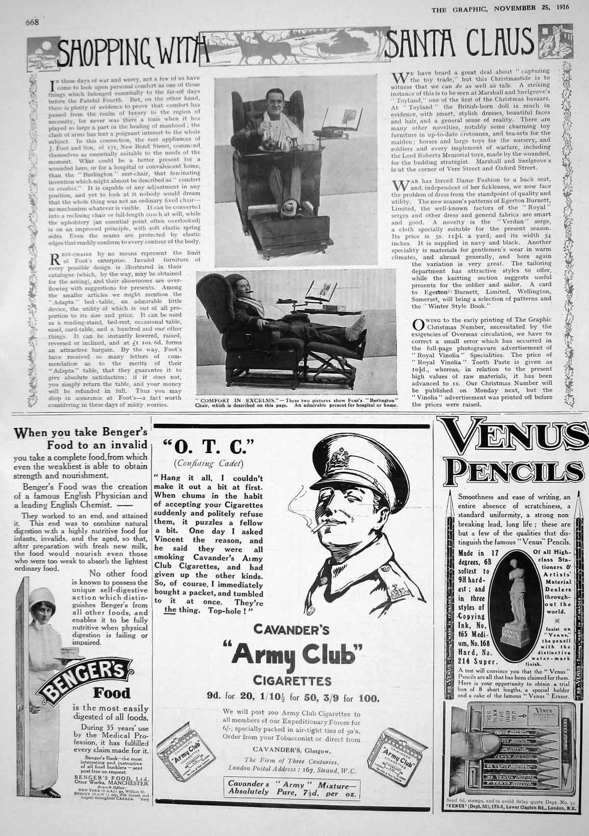 Old Print 1916 Foot'S Burlington Chair Benger'S Food Cavander Cigarettes 20th