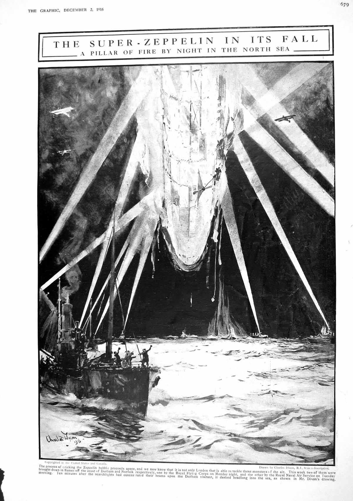 Old 1916 Attack Super-Zeppelin War Ship North Sea Booth Wadham Haslam Pag 20th
