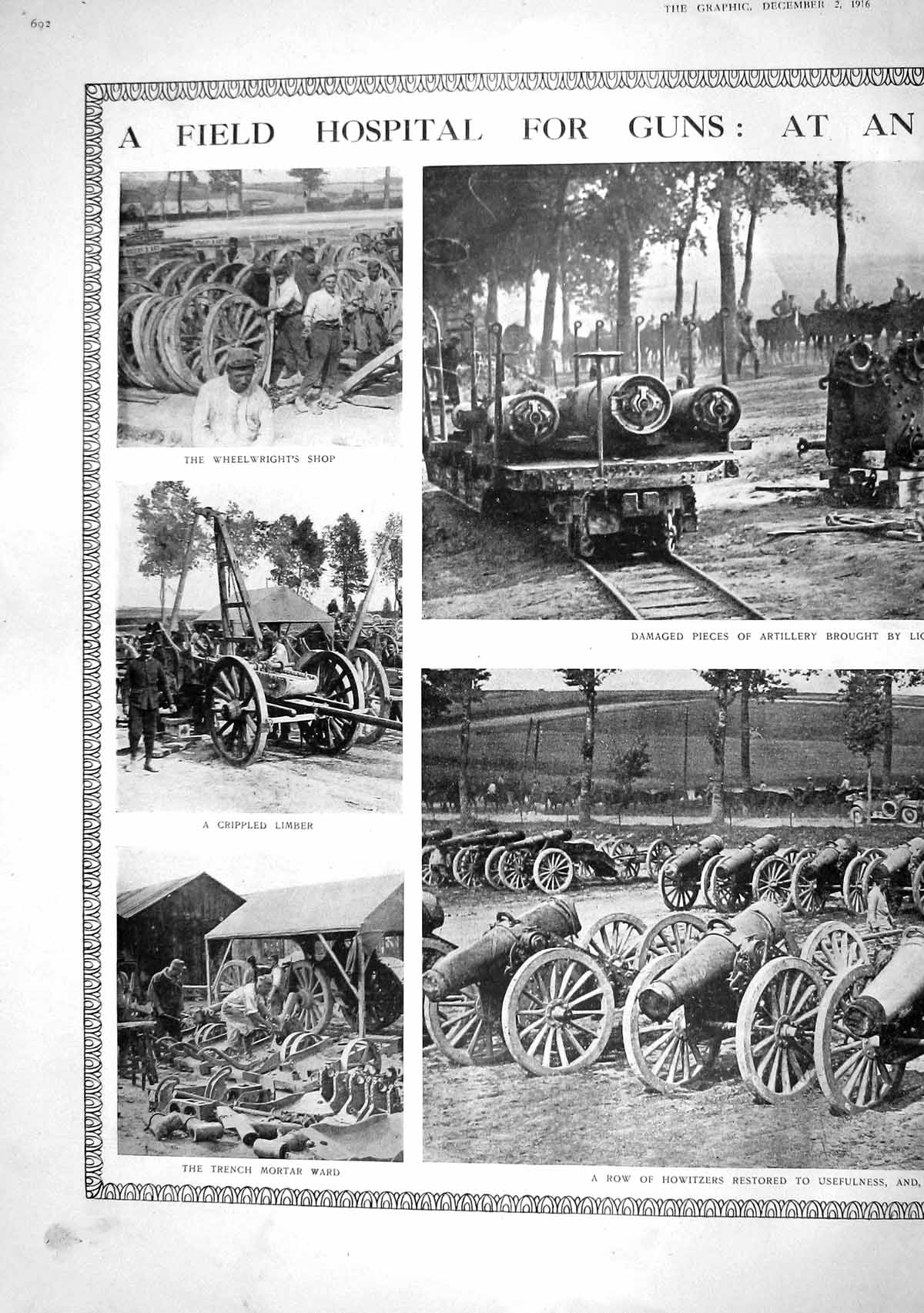Old Print 1916 Field Hospital War Artillery Howitzers Weapons Siers Whee 20th
