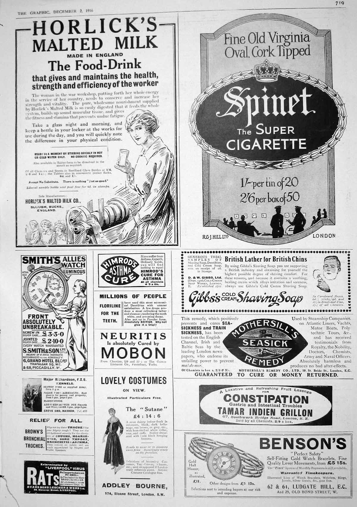 Old Print 1916 Horlick'S Milk Spinet Cigarettes Gibbs Shaving Soap Smith 20th