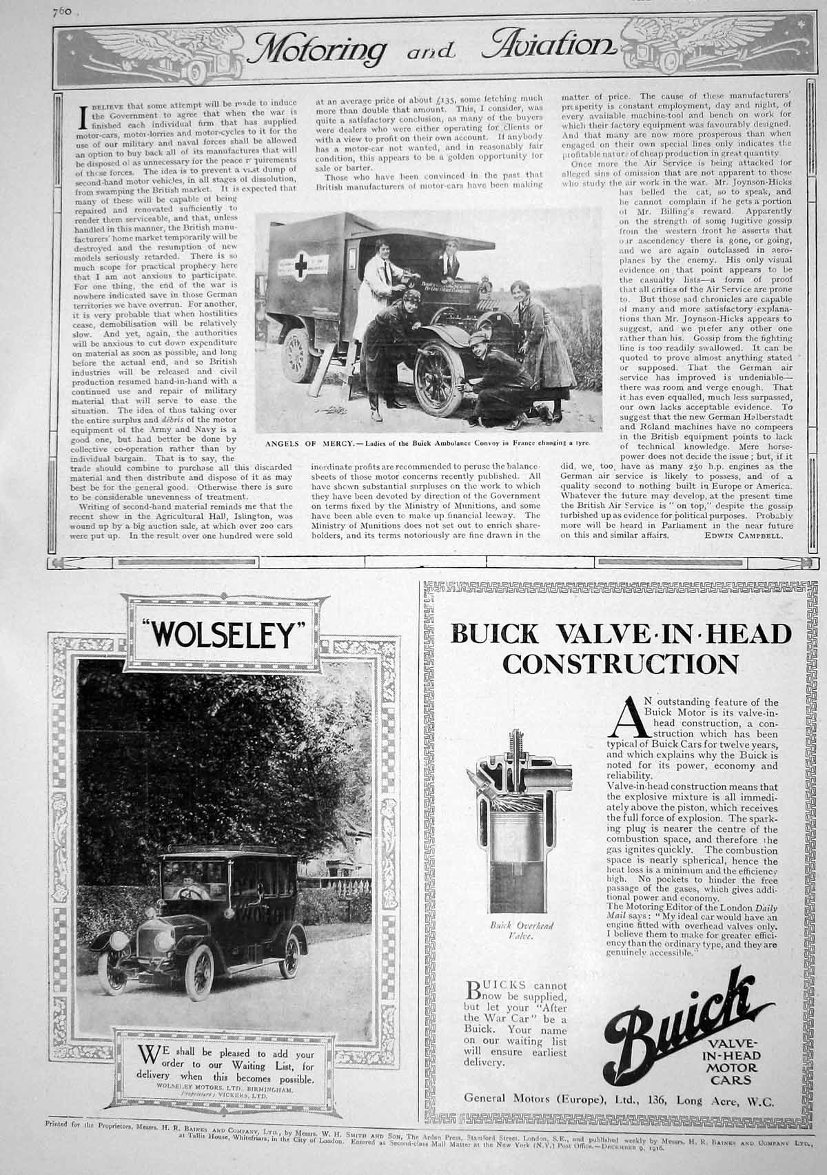 Old 1916 Ladies Buick Ambulance Convoy France Wolseley Motor Car Gene 20th
