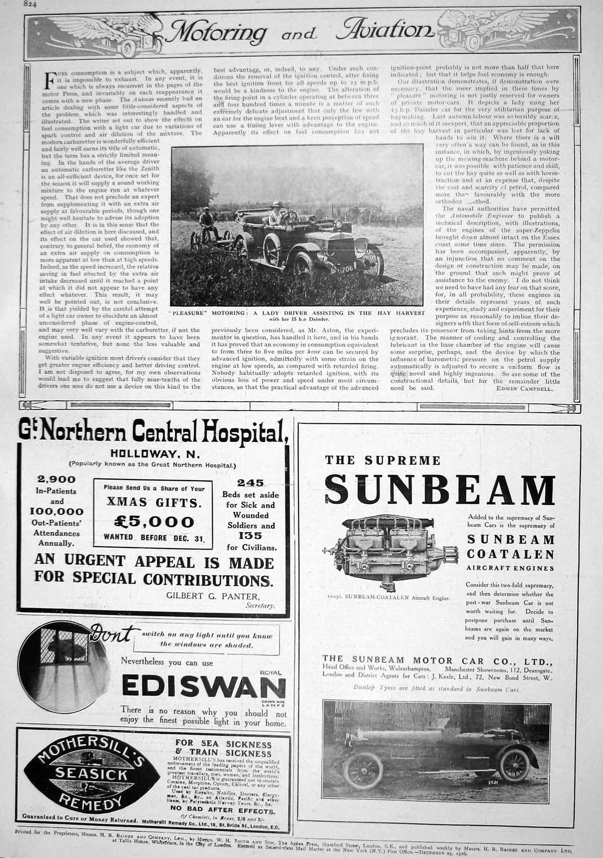 Old 1916 Lady Driver Daimler Motor Car Hay Harvest Sunbeam Ediswan Ho 20th