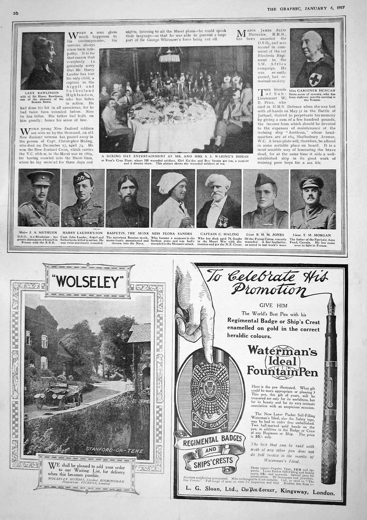 Original Old Vintage Print 1917 War Methuen Lauder Sandes Maling Jones Warings