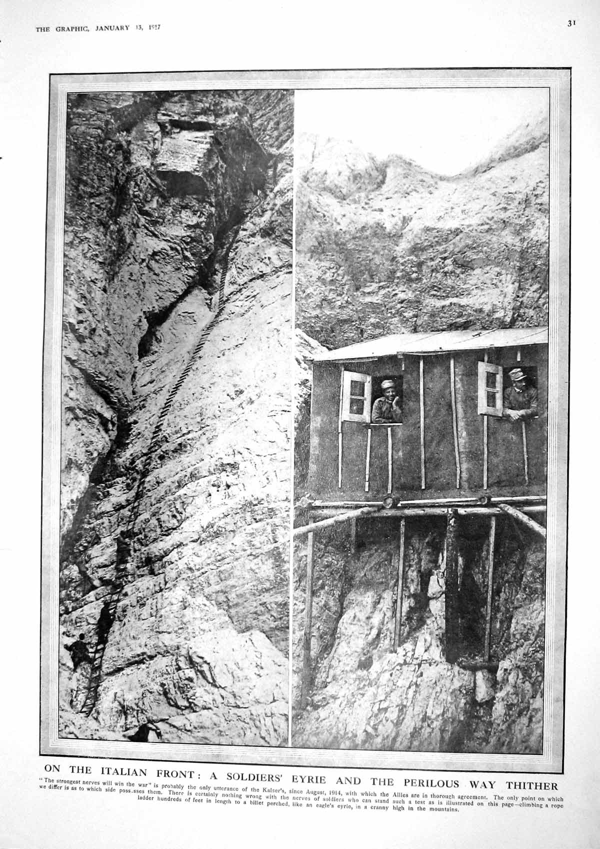 Original Old Vintage Print 1917 Italy War Siers Eyrie Cranny Billet Mountains