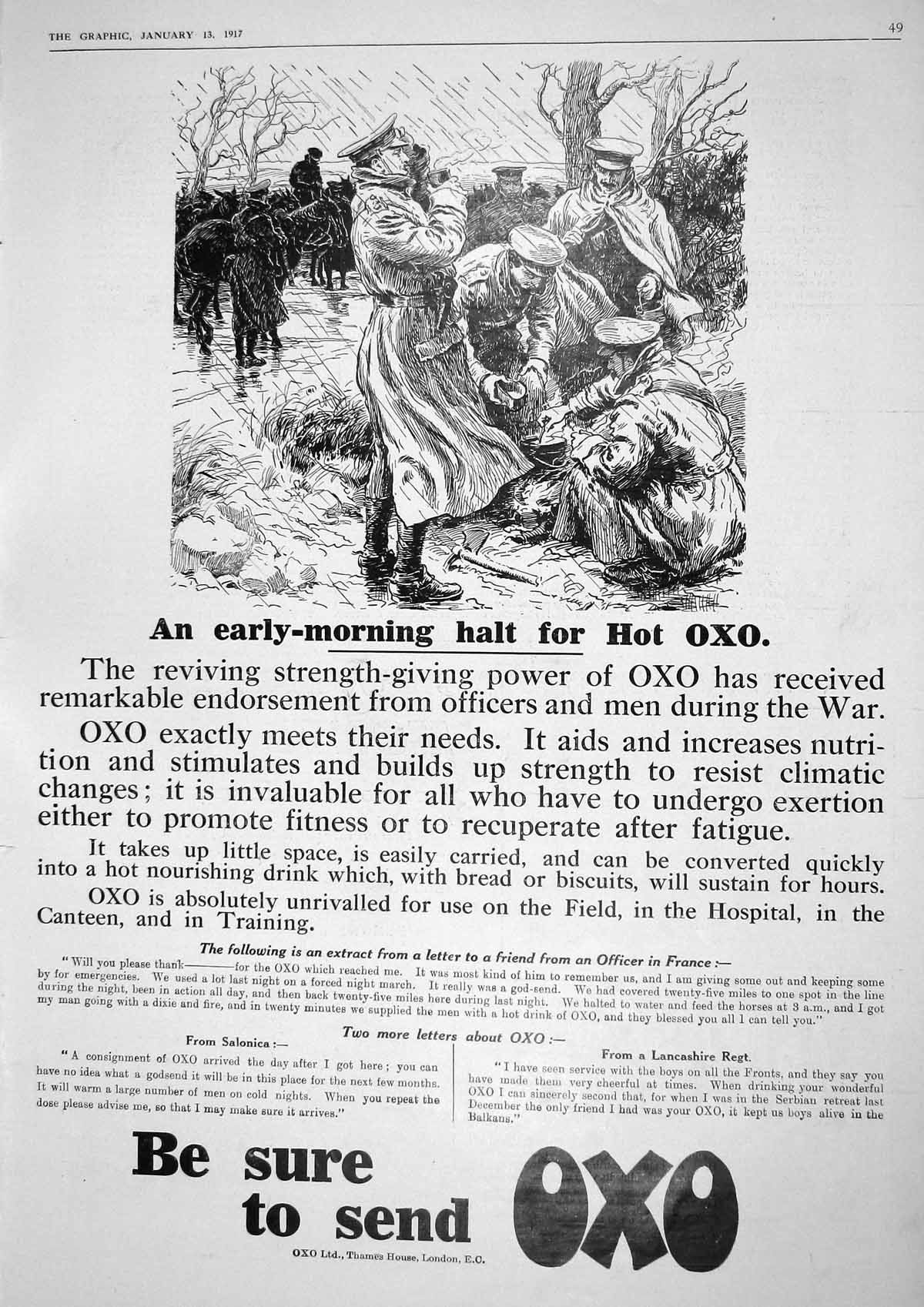 Original Old Vintage Print 1917 Advertisement Oxo Thames House London War Army