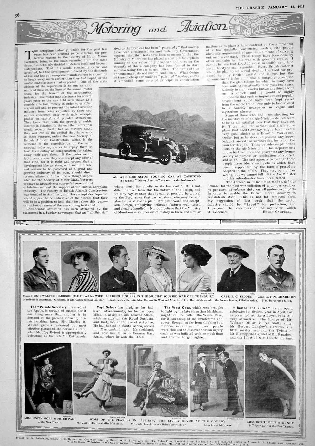Old Vintage Print 1917 Arrol-Johnston Car Theatre Birch Temple More Hugh 20th