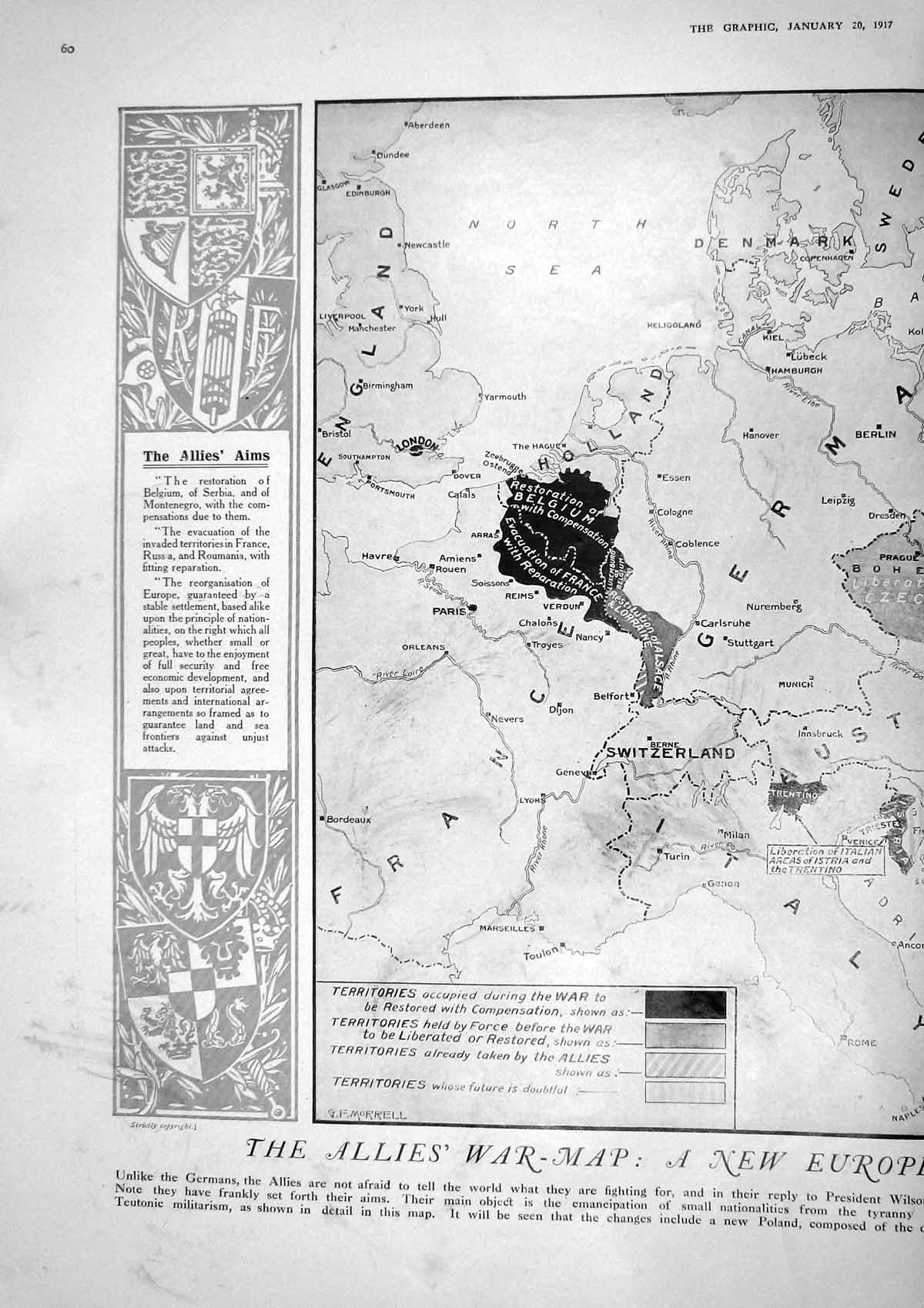 Antique Print 1917 Allies War Map Europe Denmark Switzerland Russia Bulgaria