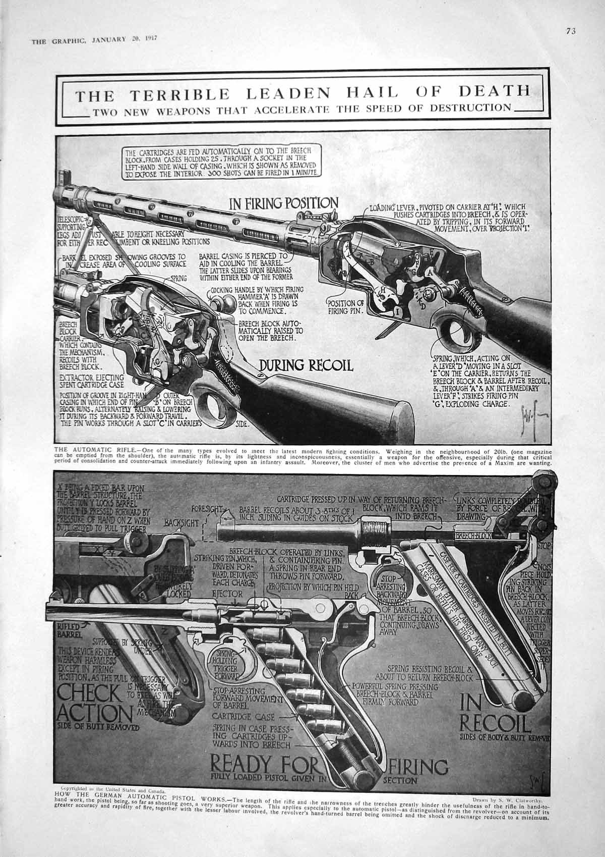 Old Print 1917 War Weapons Automatic Pistol Rifle Siers Ploughing Pigs H 20th