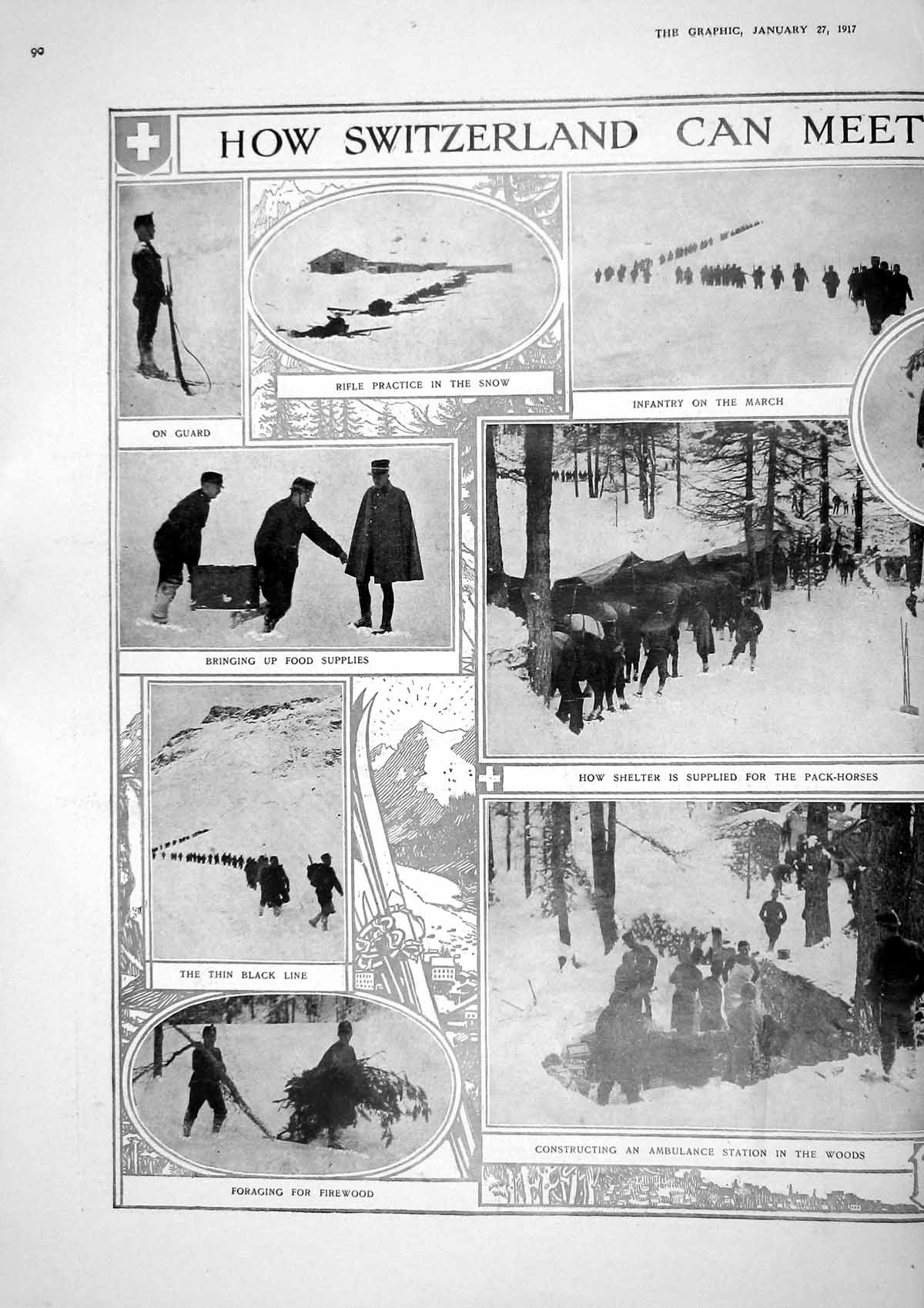 Old Print 1917 Switzerland War Siers Snow Ambulance Station Pack-Horse T 20th