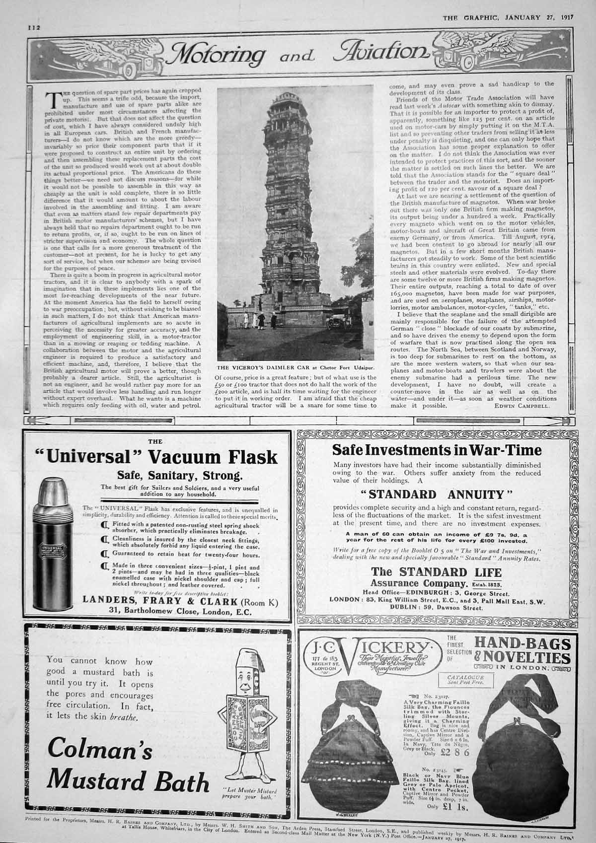 Old Vintage Print 1917 Viceroy Daimler Car Chetor Fort Udaipur Flask Bags 20th