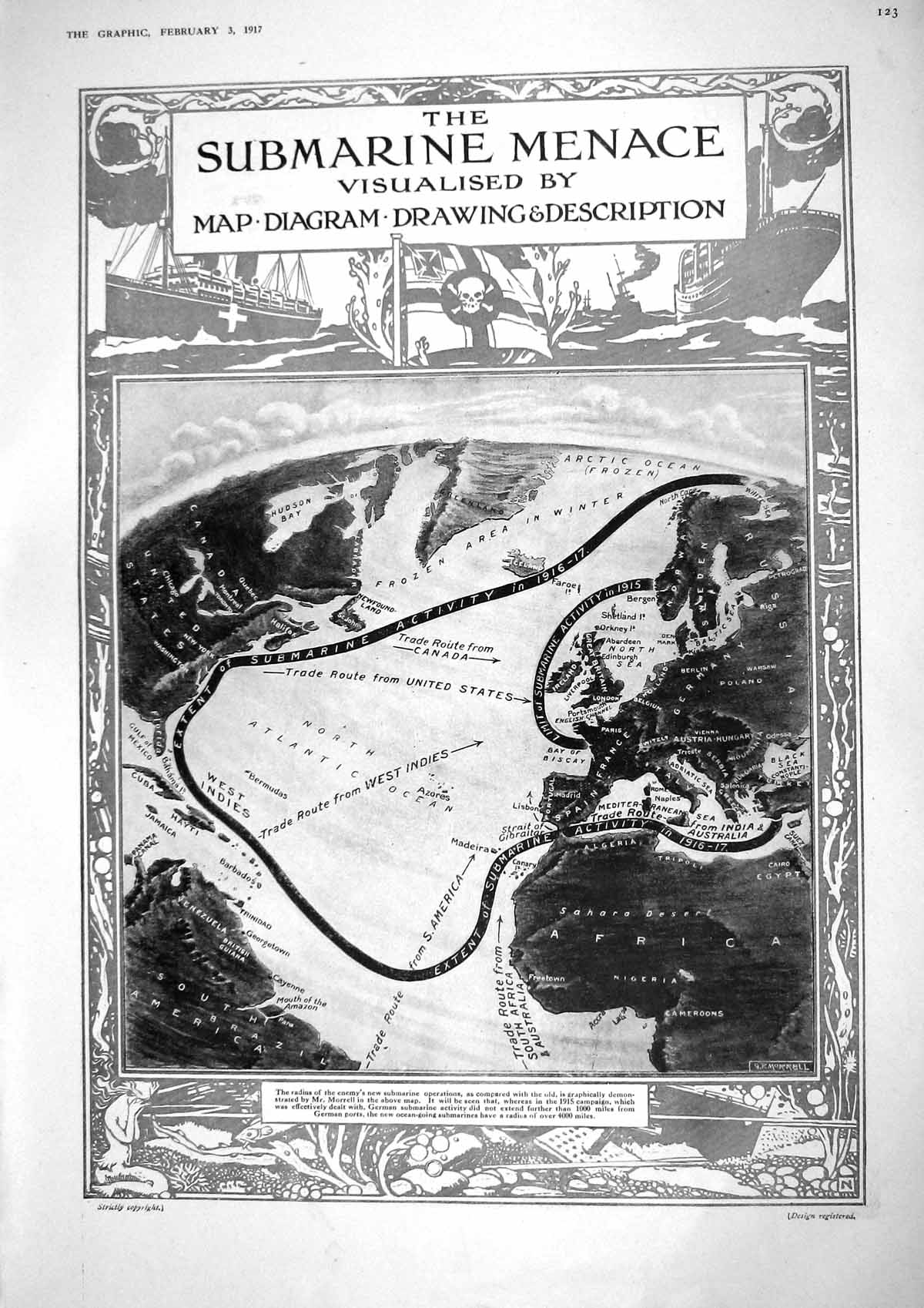 Old 1917 Map German Submarine Activity Atlantic Ocean War Boats Briti 20th