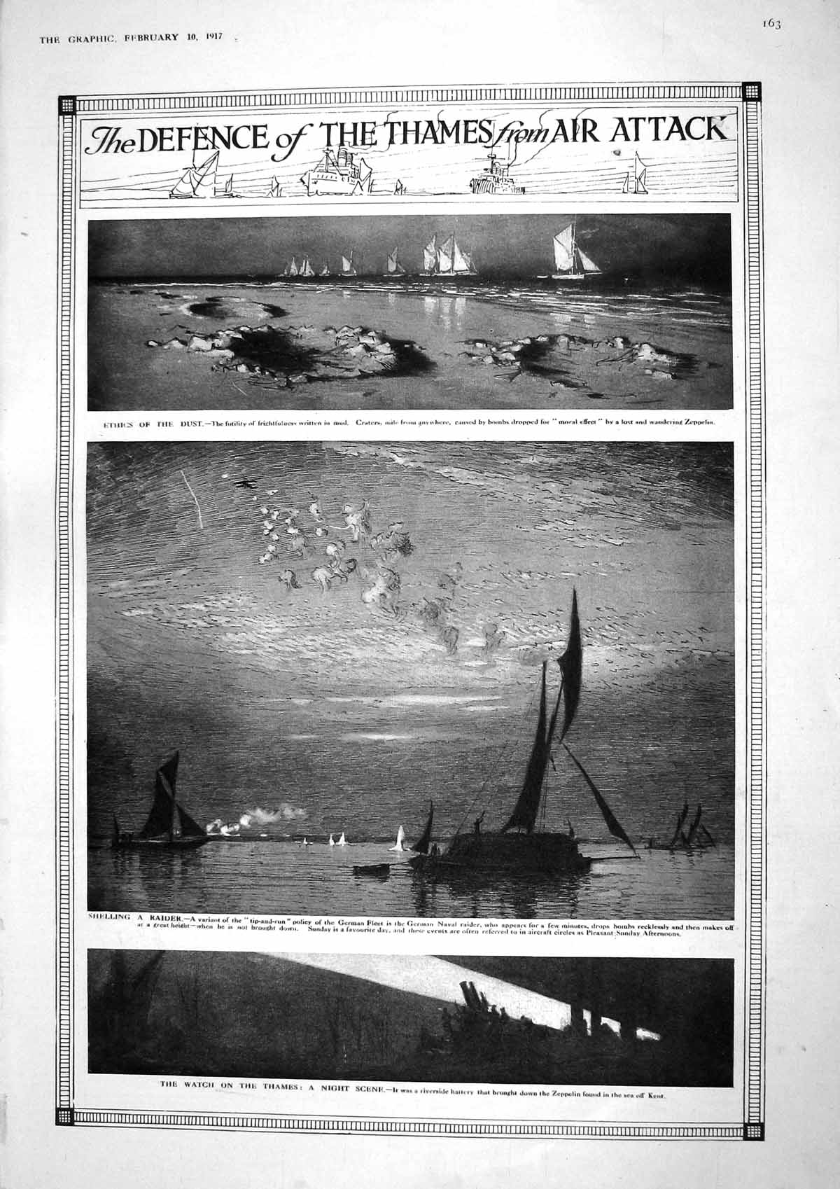 Old Vintage Print 1917 War Thames Defence Franz French Tenor Searchlight 20th