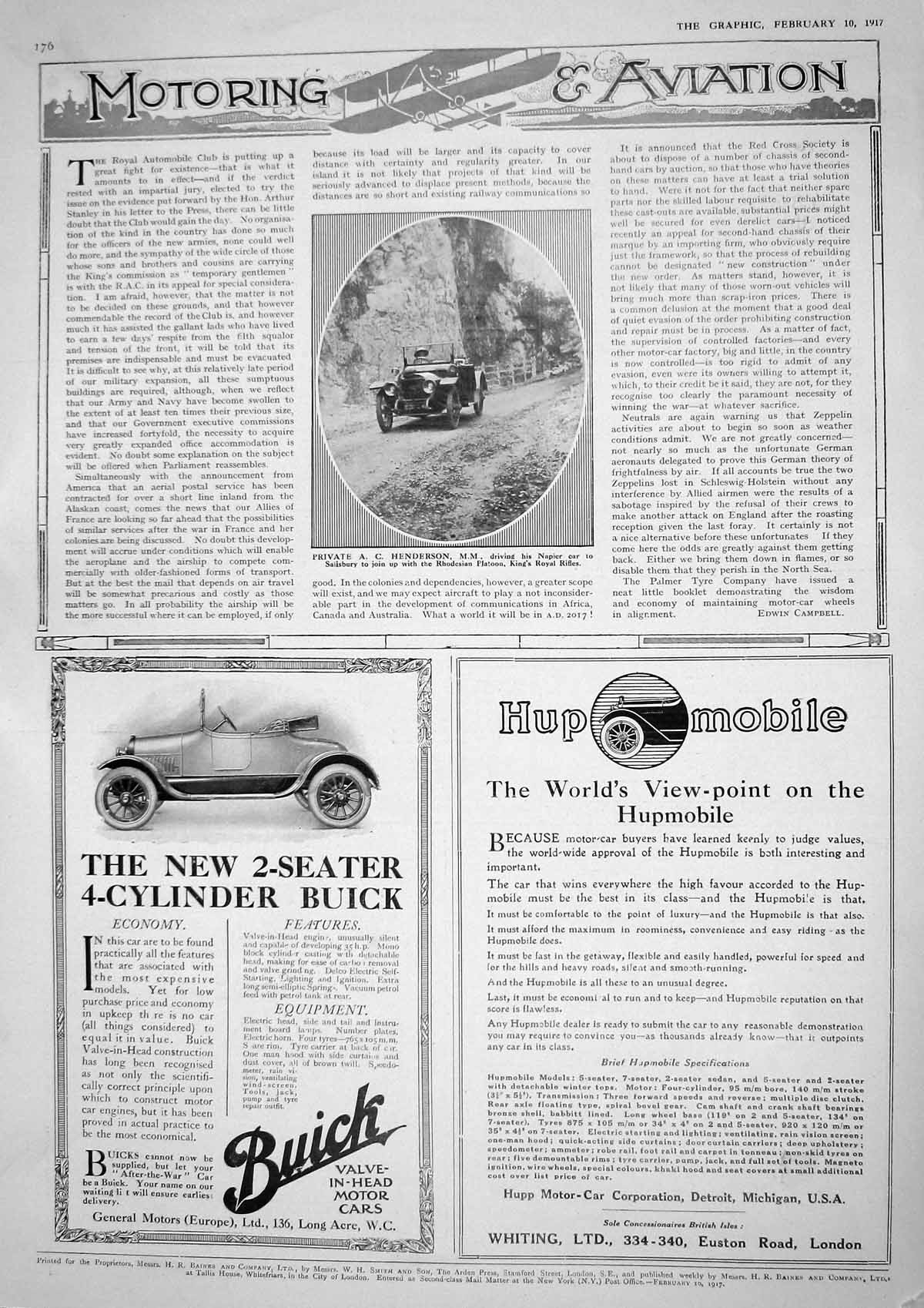 Old Vintage Print 1917 Private Henderson Napier Motor Car Buick Whiting 20th