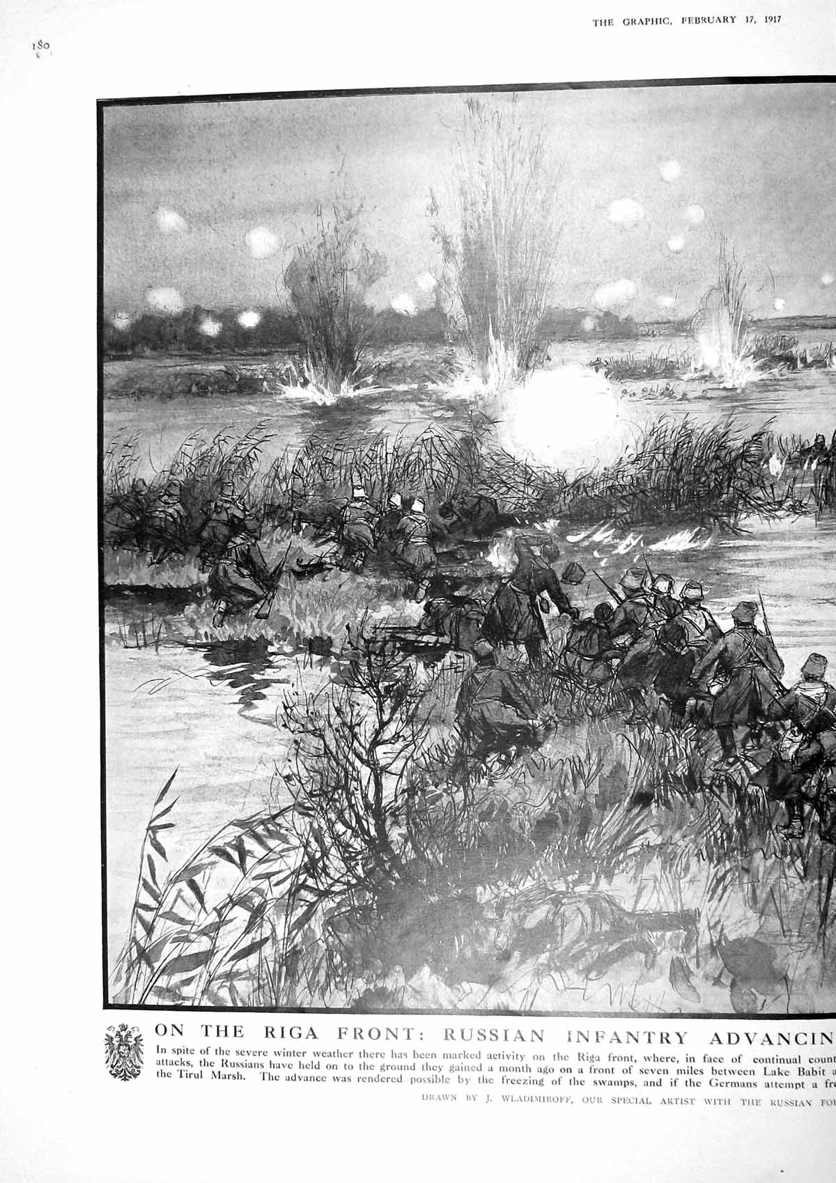 Antique Print 1917 Riga War Russian Siers Advancing Through Marshes Dvina 20th