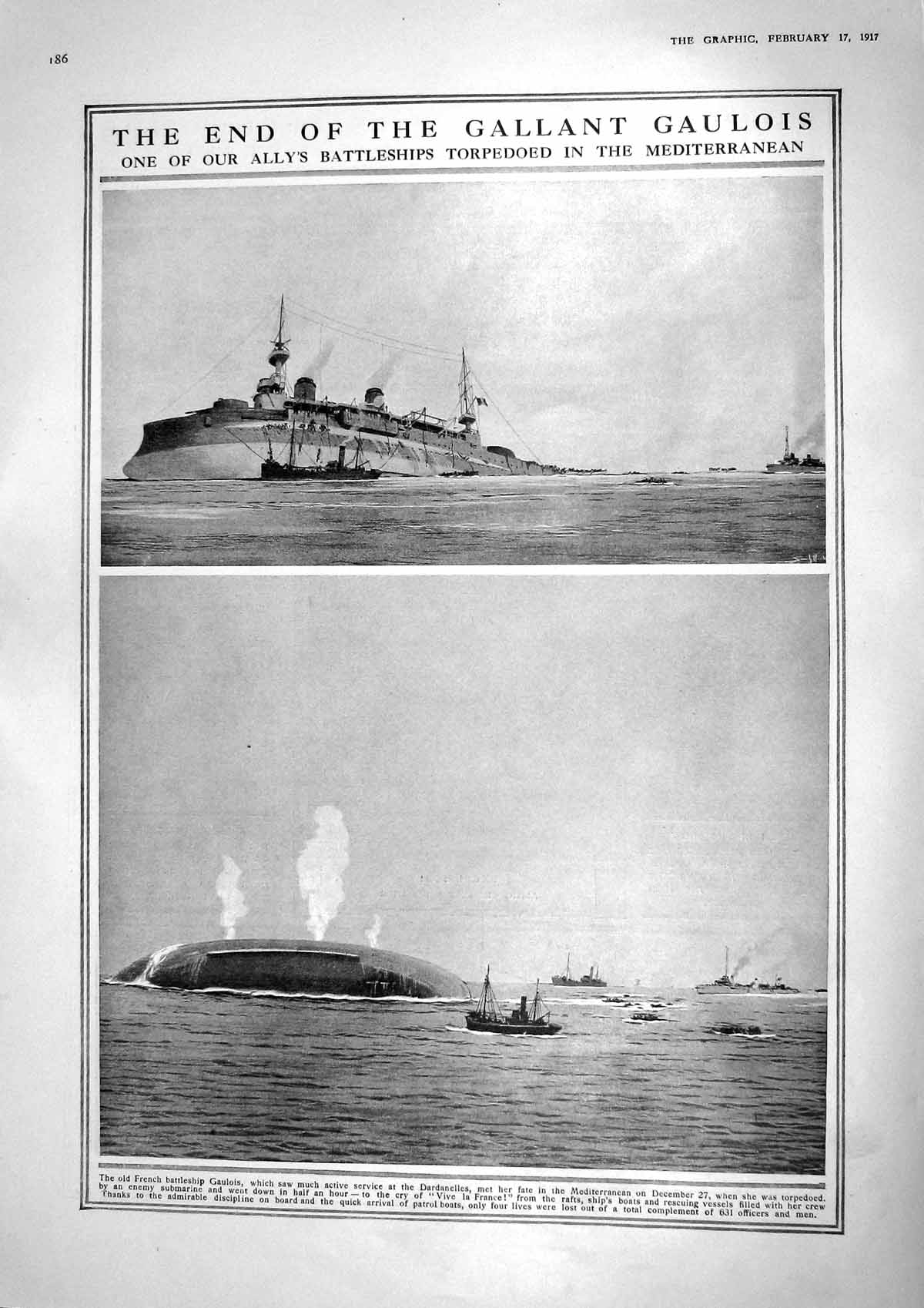 Old 1917 French Battle Ship Gaulois Sinking Mediterranean Italy War A 20th