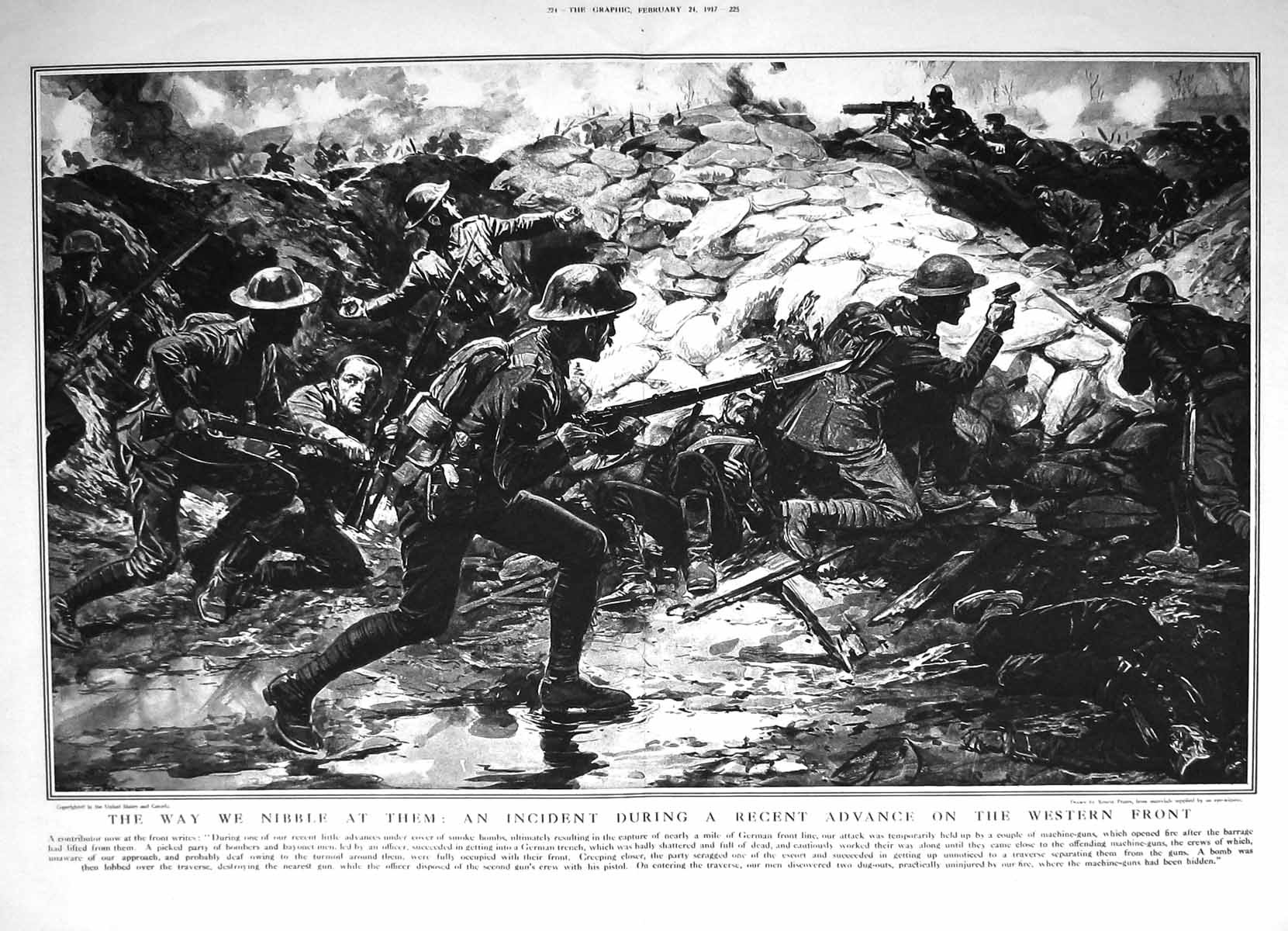 Old Print 1917 War Scene Advance Western Front Siers Trench Smoke Bombs 20th