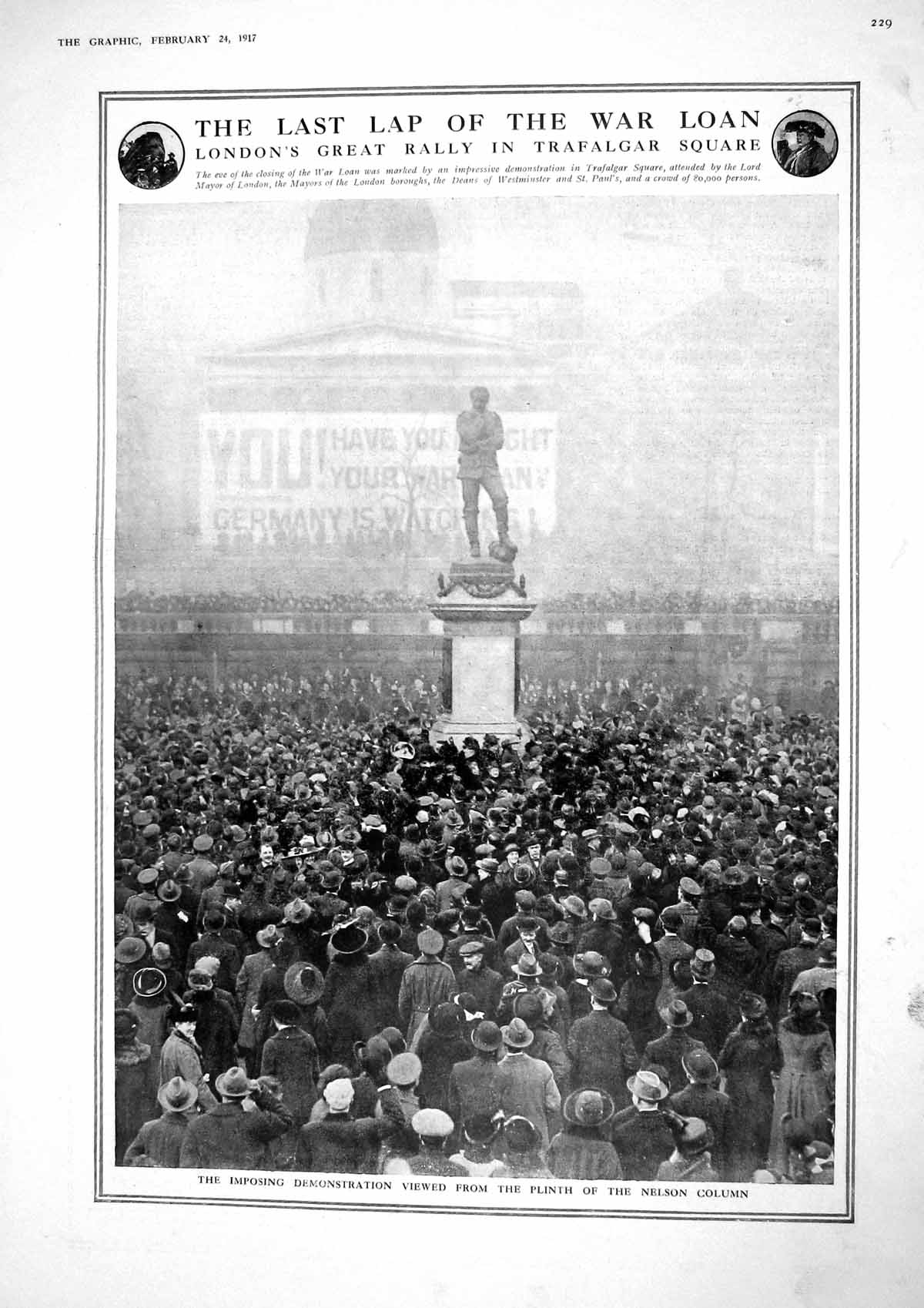 Original Old Vintage Print 1917 War Loan Demonstration Nelson Column Trafalgar