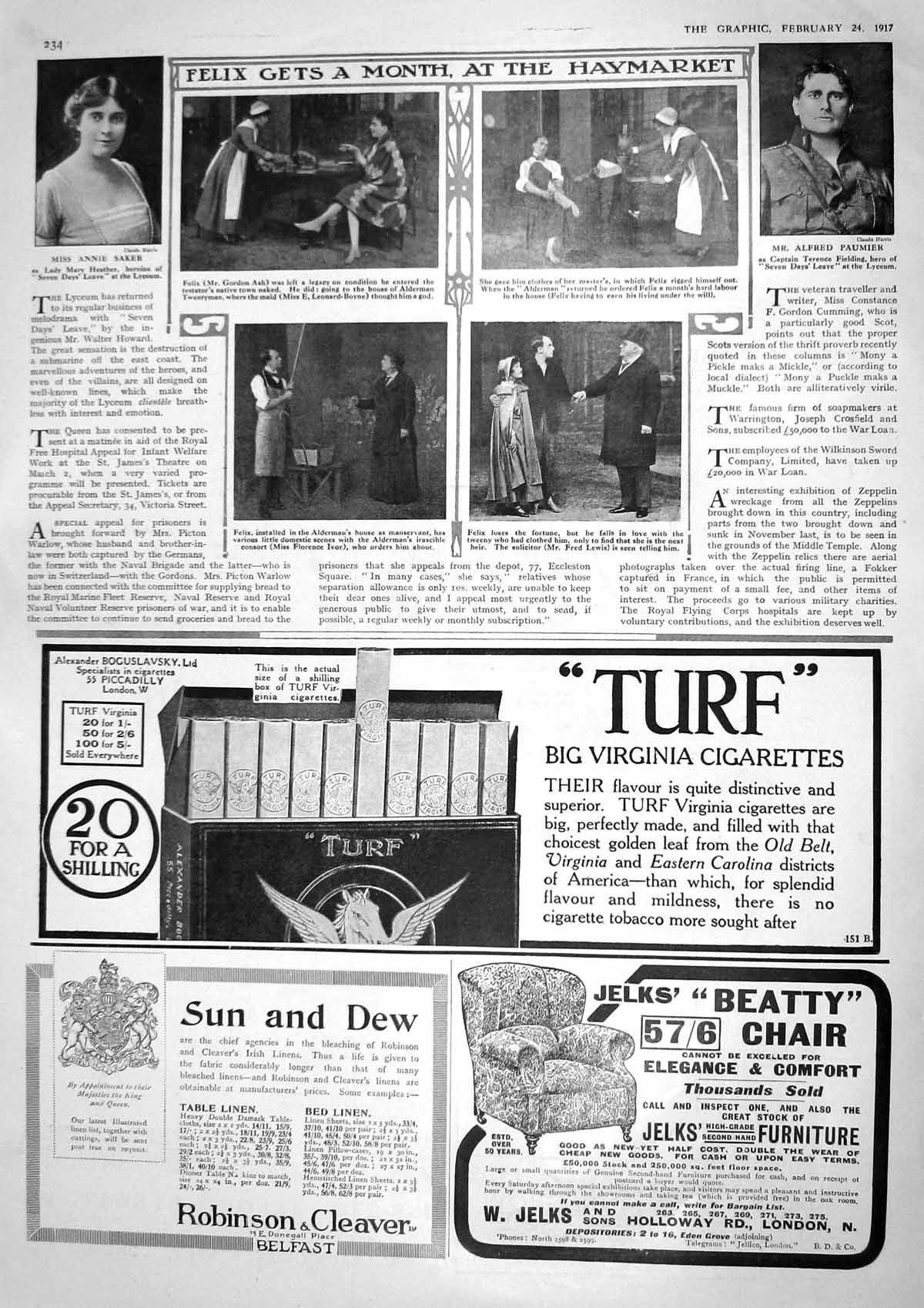 Original Old Vintage Print 1917 Saker Ash Paumier Felix Theatre Turf Cigarettes