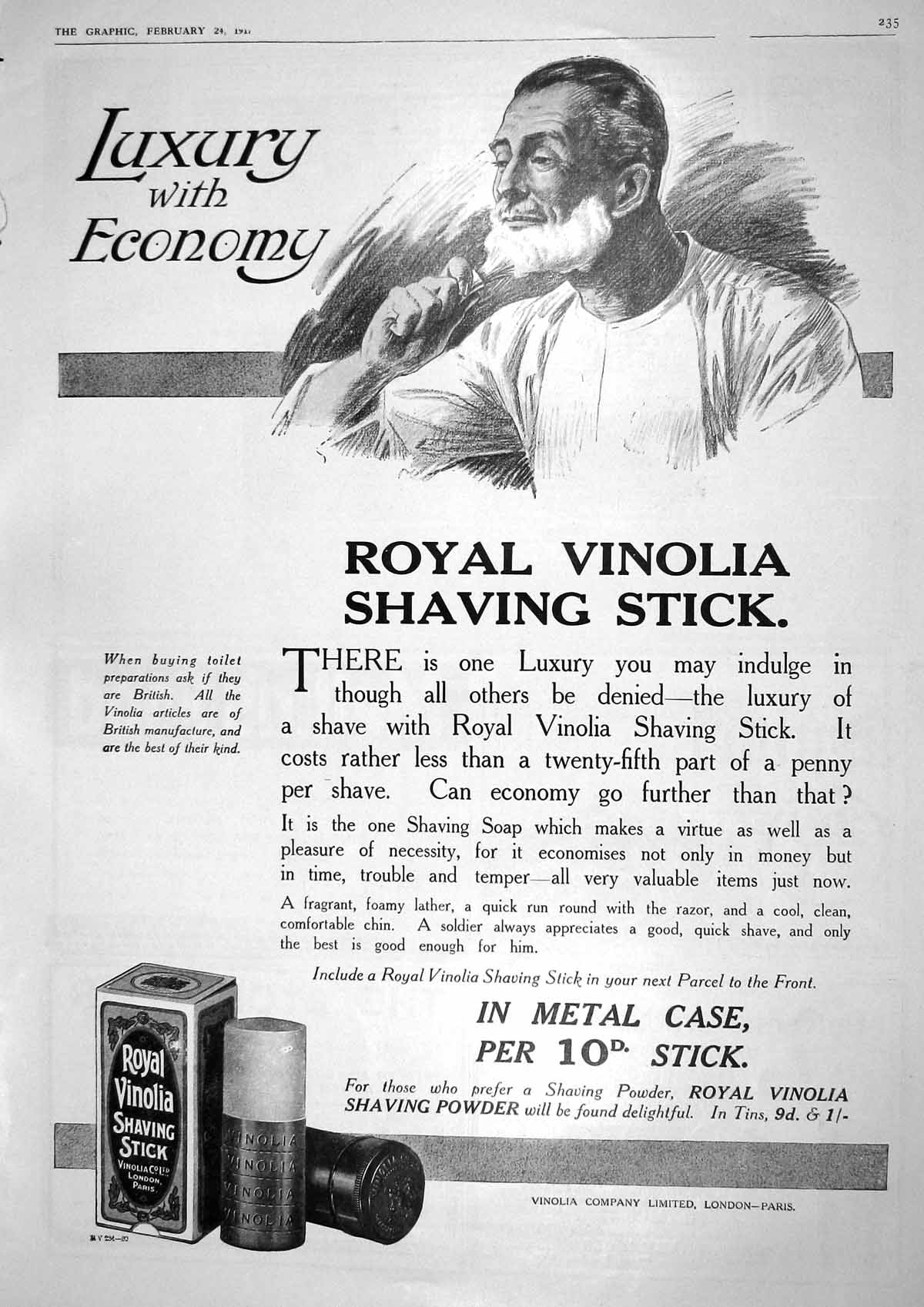 Old Vintage Print 1917 Advertisement Royal Vinolia Shaving Stick London 20th