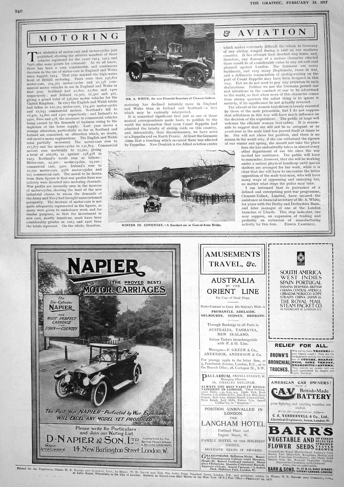 Original Old Vintage Print 1917 White Clement Talbot Motor Car Standard Napier