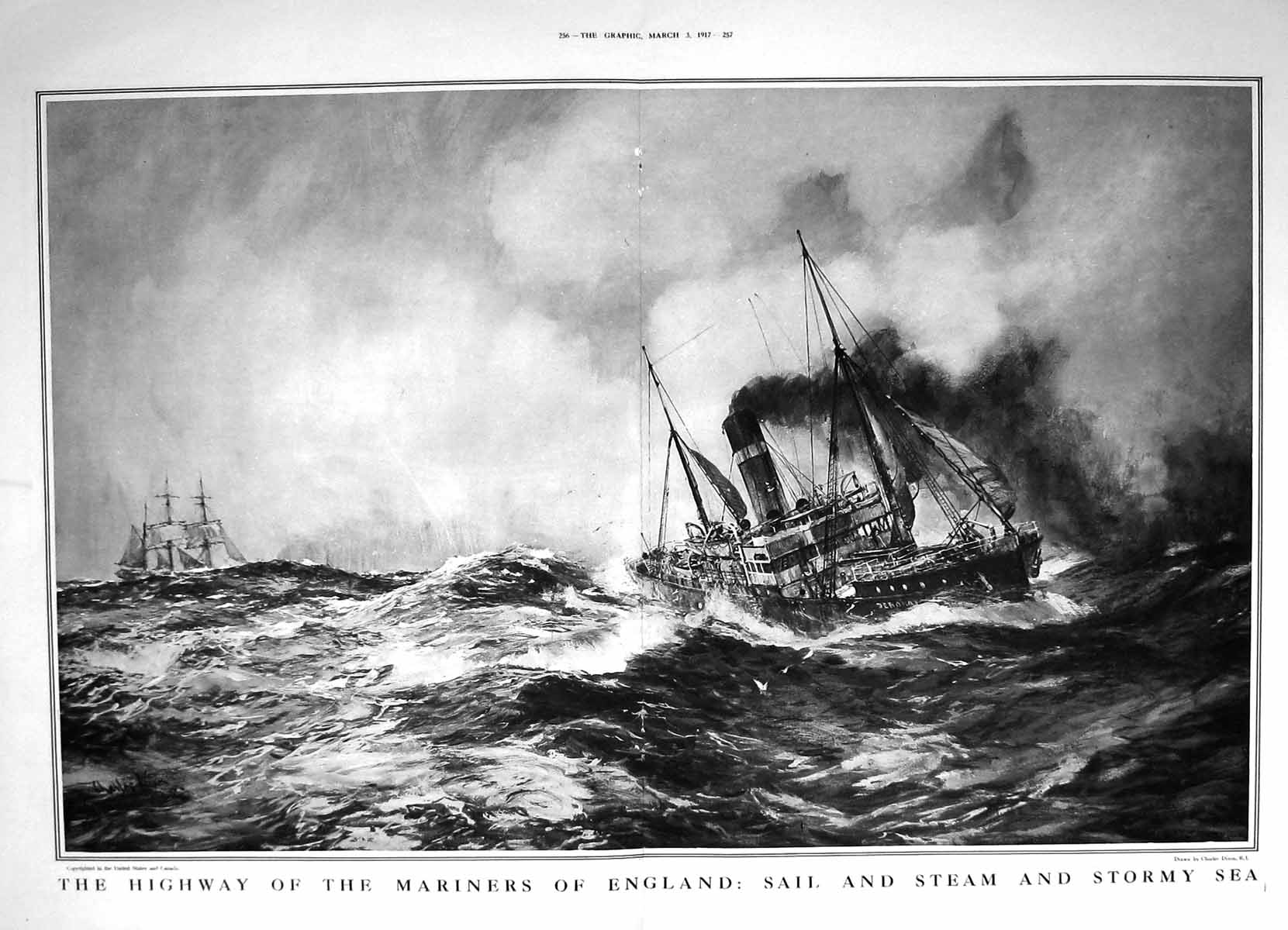 Old 1917 Charles Dixon Highway Mariners England Sail Steam Stormy Sea 20th