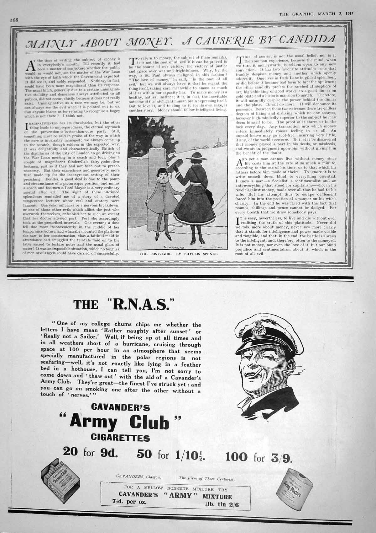 Original Old Vintage Print 1917 Post Girl Mail Army Club Cigarettes Cavanders