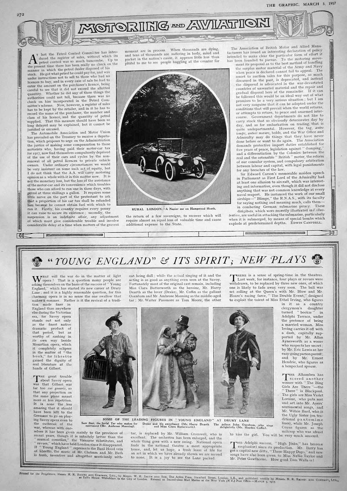 Original Old Vintage Print 1917 Napier Motor Car Hampstead Heath Theatre Dearth