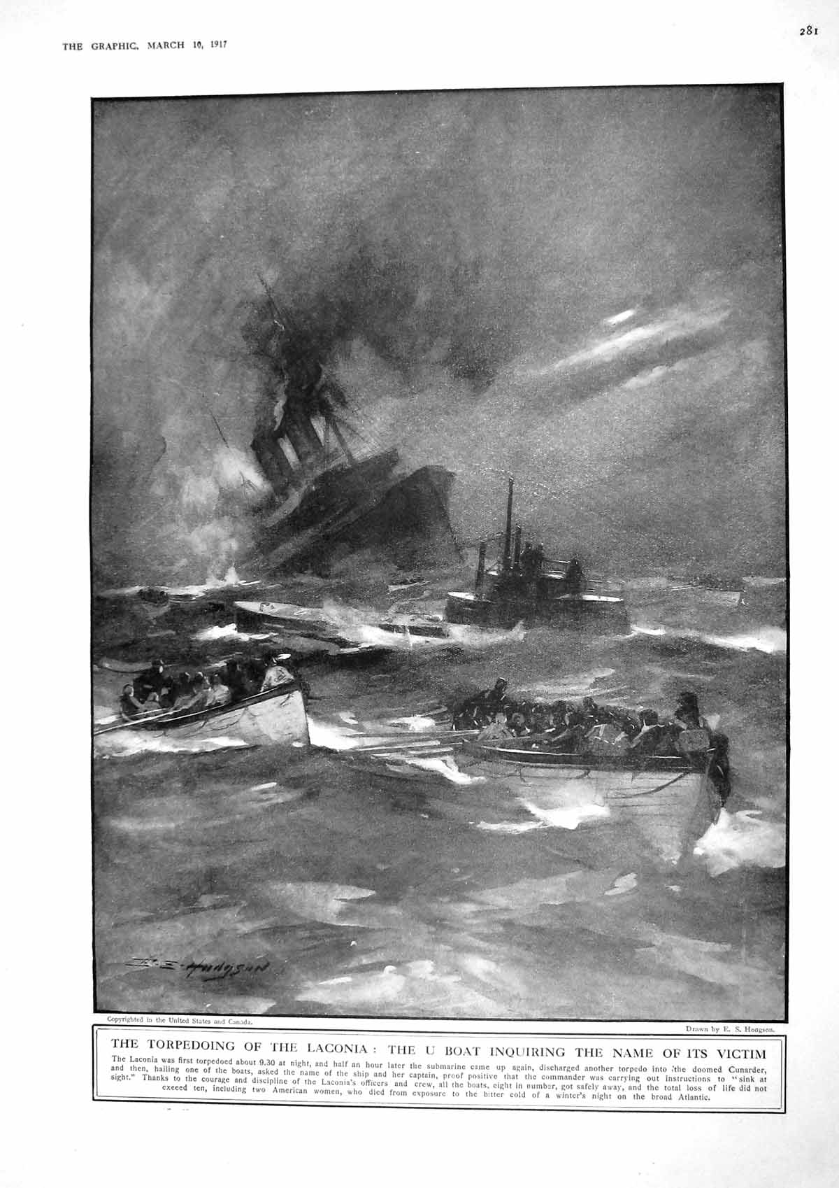 Old Print 1917 Submarine War Torpedoing Laconia Ship U Boat Nurse Pearson 20th
