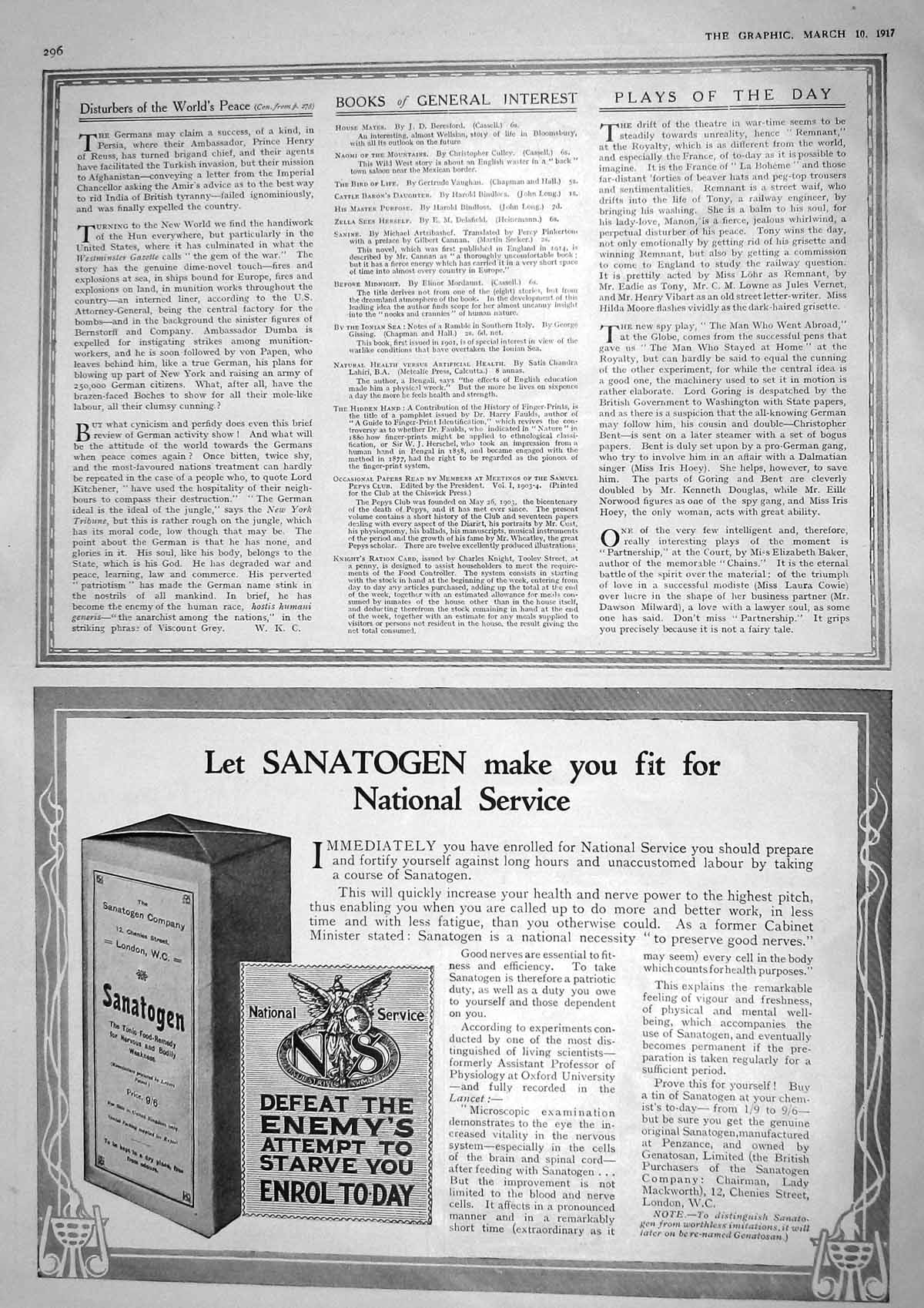 Original Old Vintage Print 1917 Advertisement Sanatogen Tonic Food 20th Century