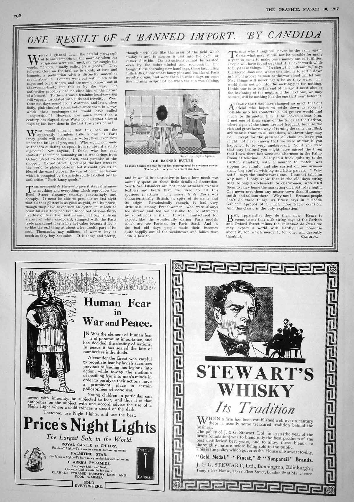 Old Vintage Print 1917 Woman Servant Butler Stewarts Whisky Price Candles 20th