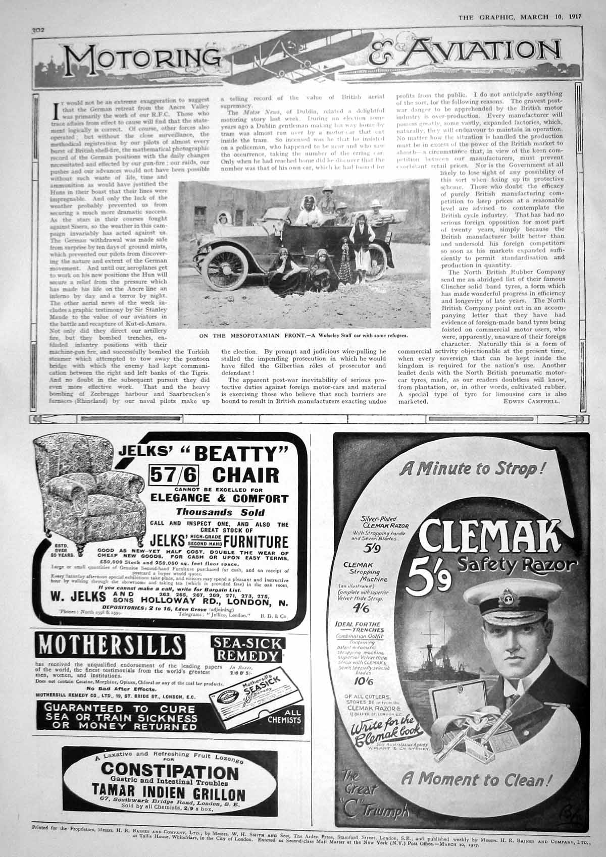 Original Old Vintage Print 1917 Wolseley Staff Motor Car Refugees Mesopotamia