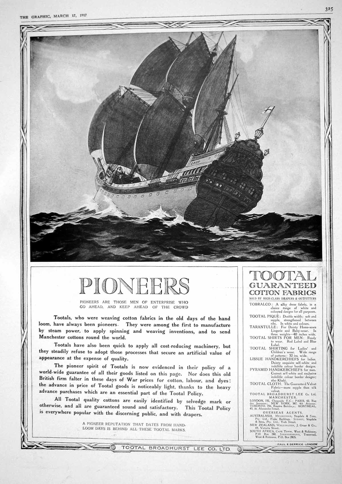 Original Old Vintage Print 1917 Advertisement Tootal Cotton Fabrics Ship Sea