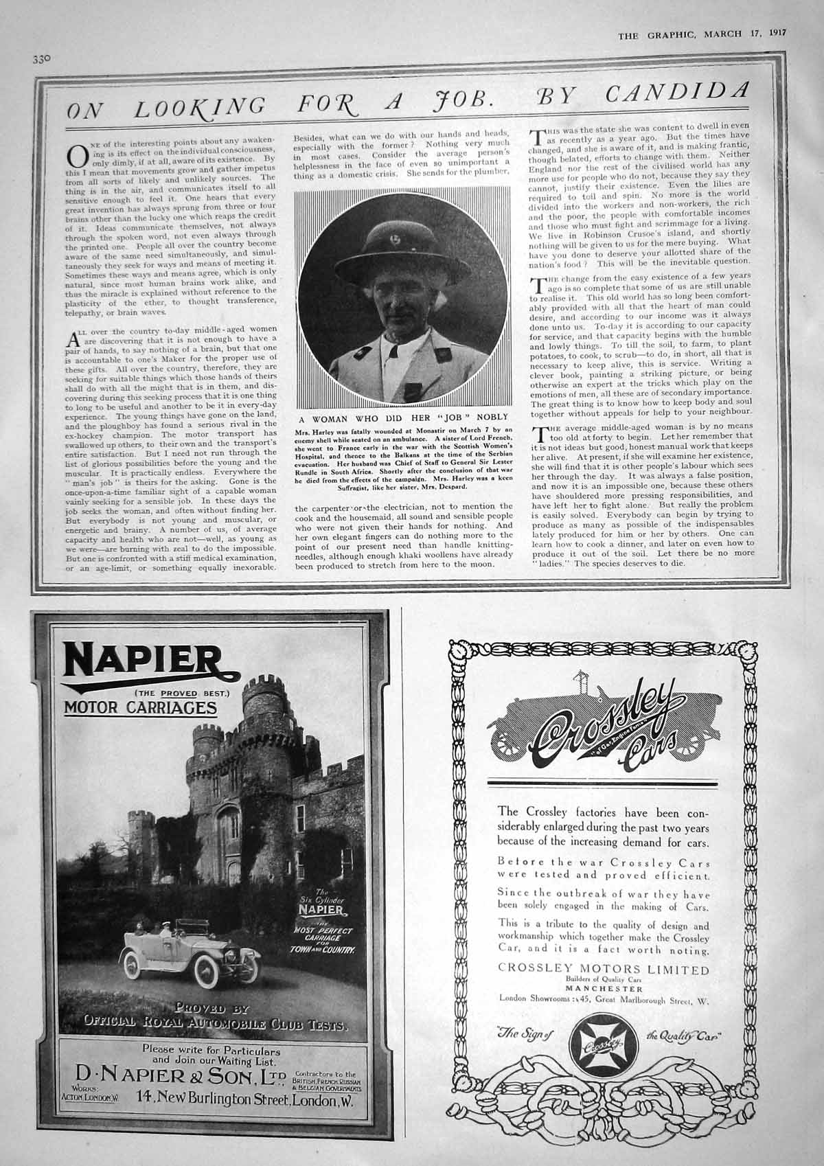 Old 1917 Harley Suffragist Napier Motor Car Crossley Osram Lamps Hamm 20th