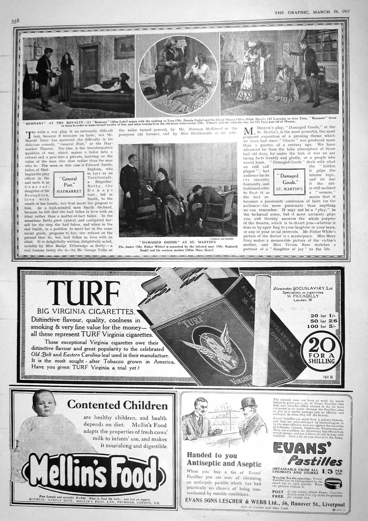 Old Vintage Print 1917 Theatre Grey Bach More Lohr Turf Cigarettes Evans 20th