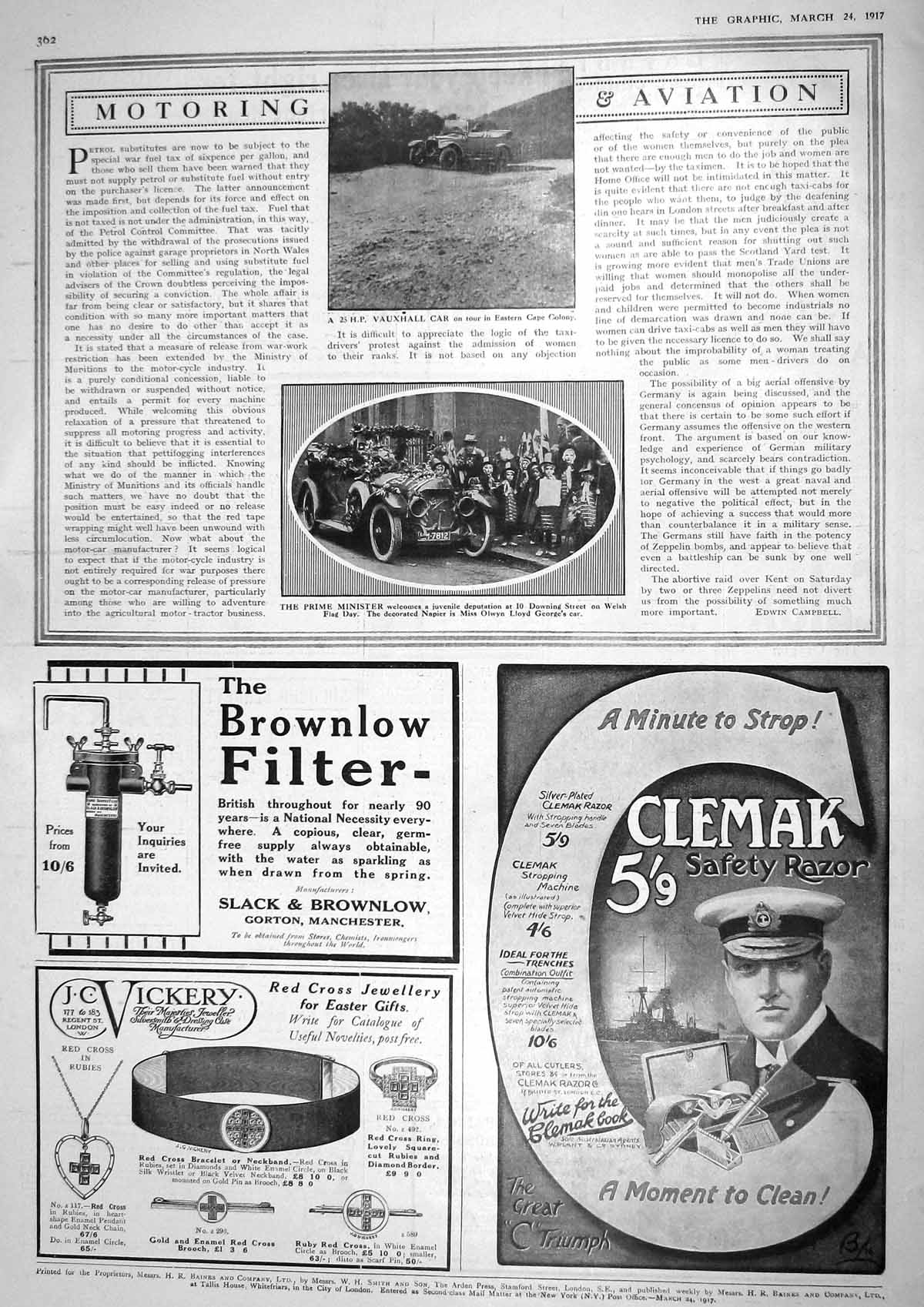 Old Vintage Print 1917 Vauxhall Motor Car Olwyn Lloyd George Razor Clemak 20th