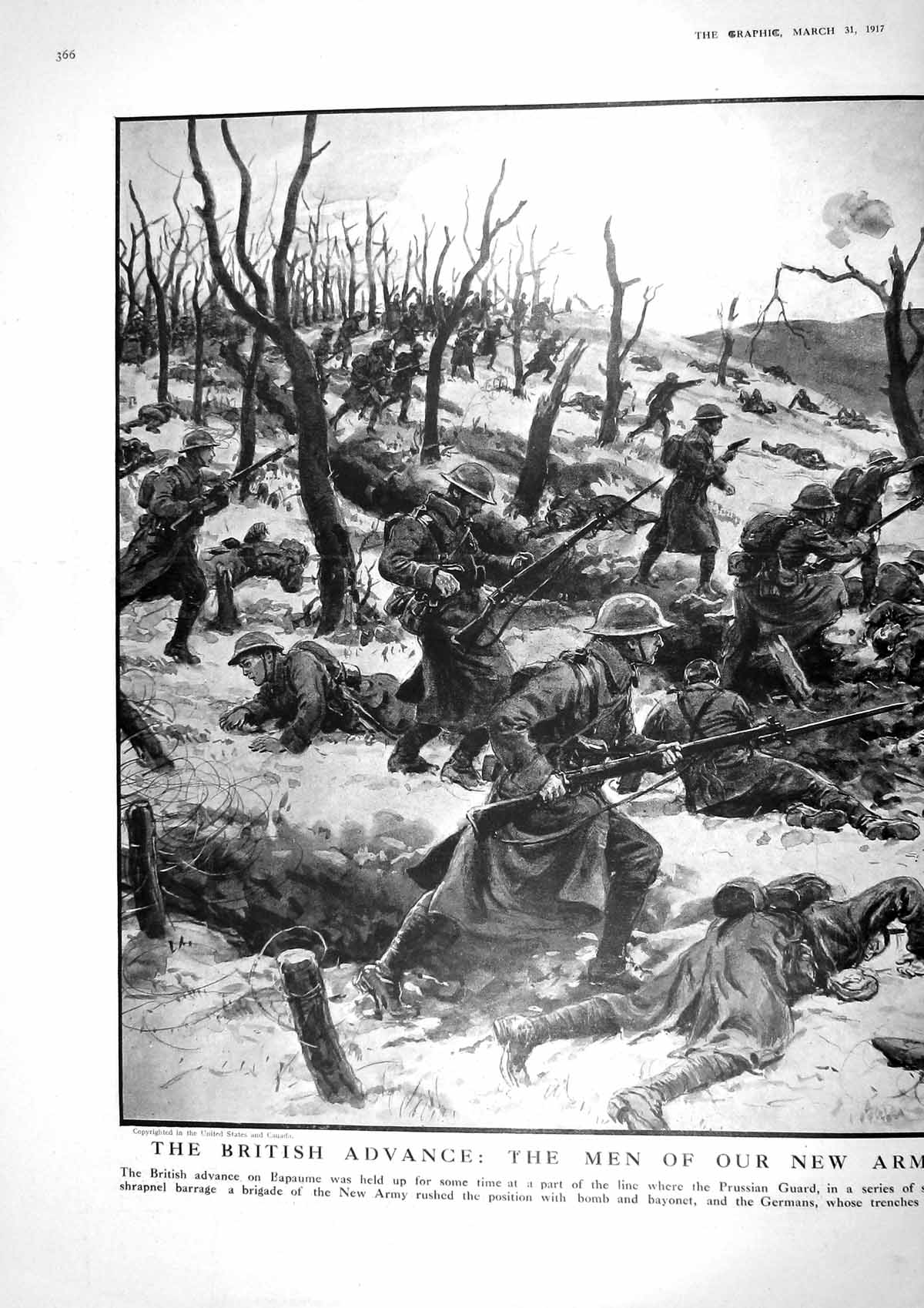 Old Print 1917 War British Advance German Bapaume Siers Rue Peronne Somm 20th