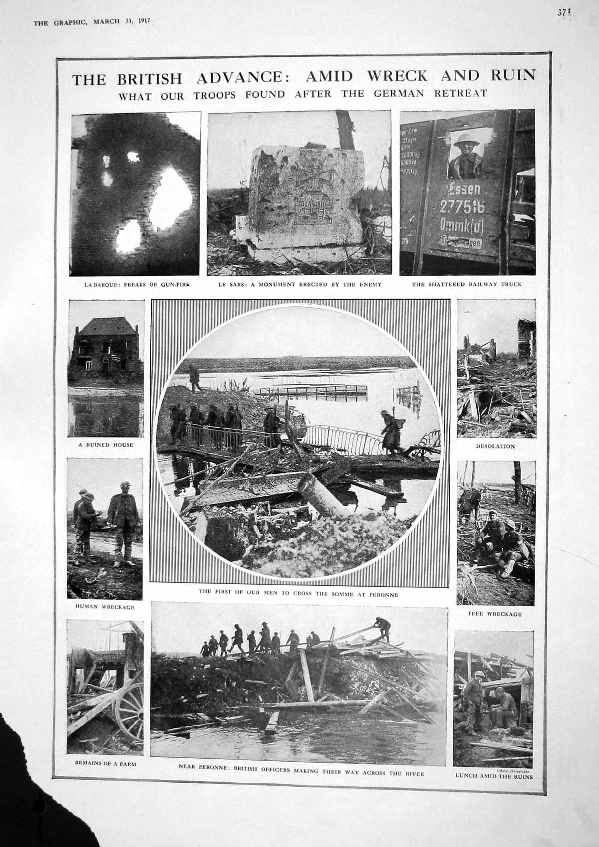 Old Print 1917 War British Siers Peronne Sars Railway Truck Indian Caval 20th