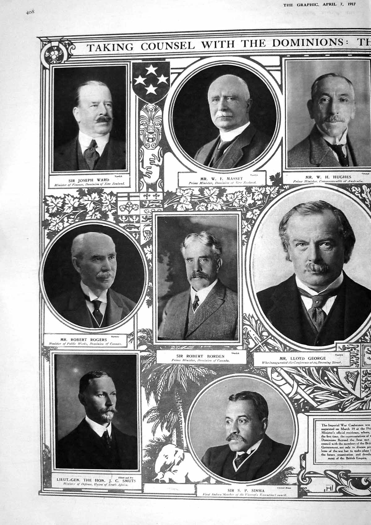 Old 1917 War Conference Massey George Hughes Sinha Smuts Morris Long 20th