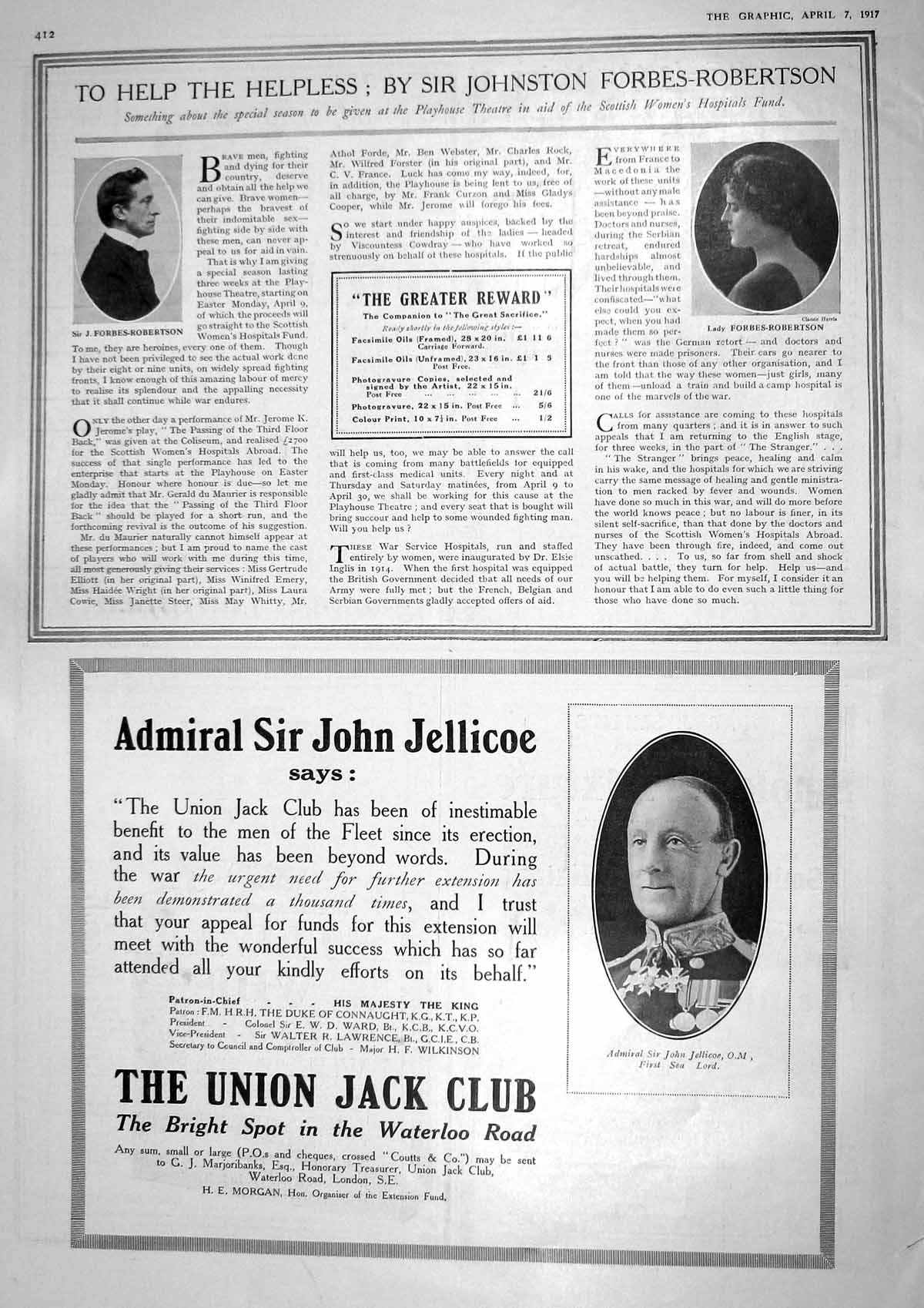 Old Vintage Print 1917 Forbes-Robertson Admiral John Jellicoe Union Jack 20th