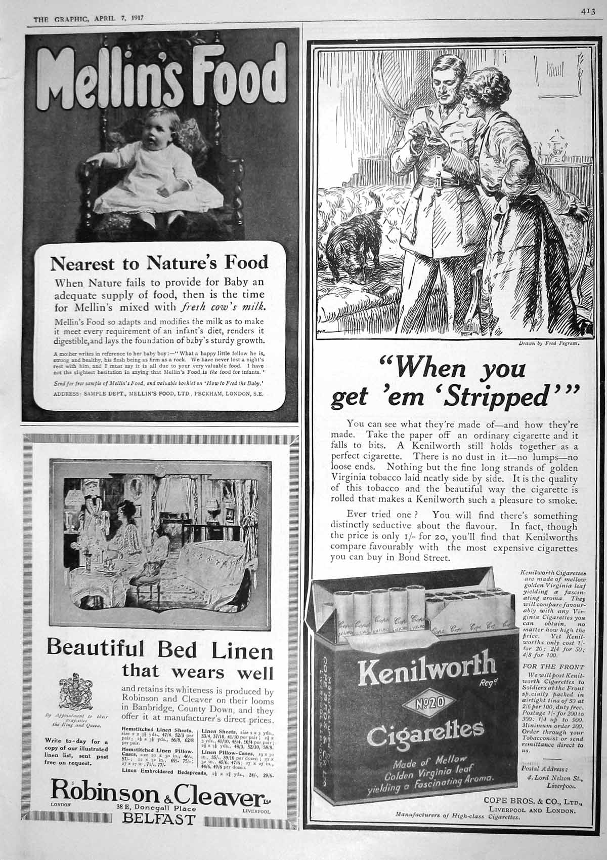 Old Vintage Print 1917 Mellins Food Robinson Cleaver Kenilworth Cigarette 20th