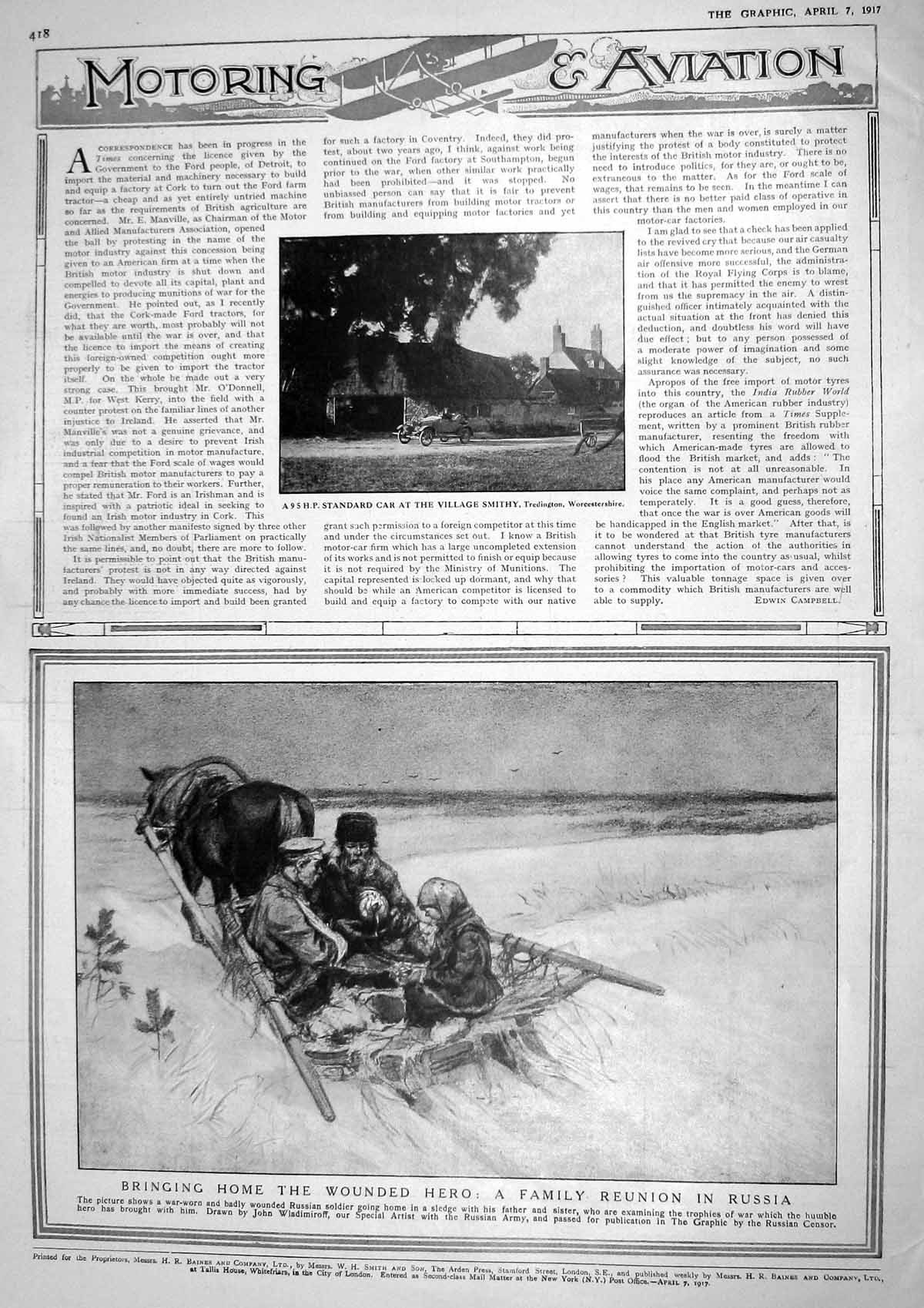 Original Old Vintage Print 1917 Standard Motor Car Smithy Family Russia Sledge